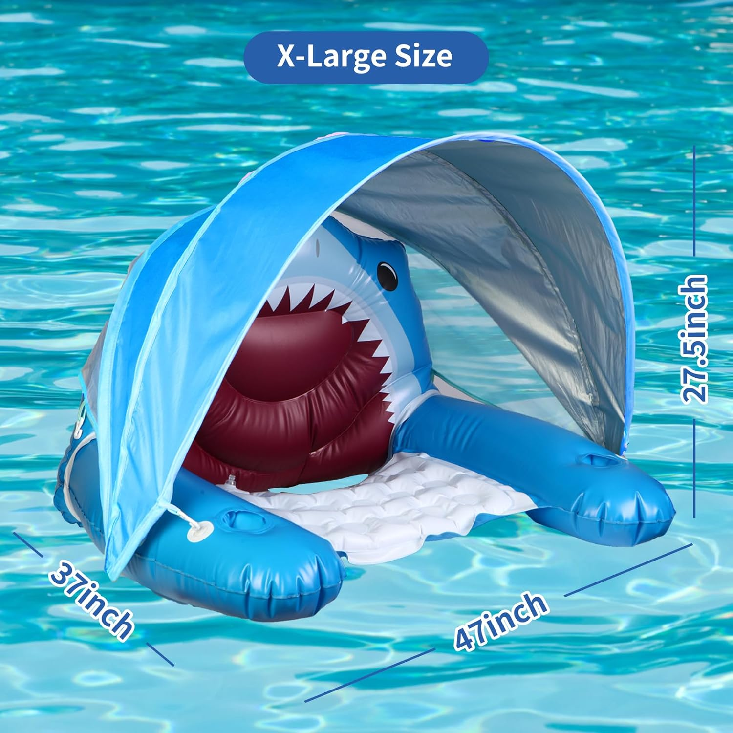 Inflatable Shark Pool Floats Chair with Canopy, Cup Holders for Adults | Large Pool Lounge Chairs with Adjustable Sunshade, Drink Holder and Ergonomic Headrest | Beach Floats Pool Chair image number 2