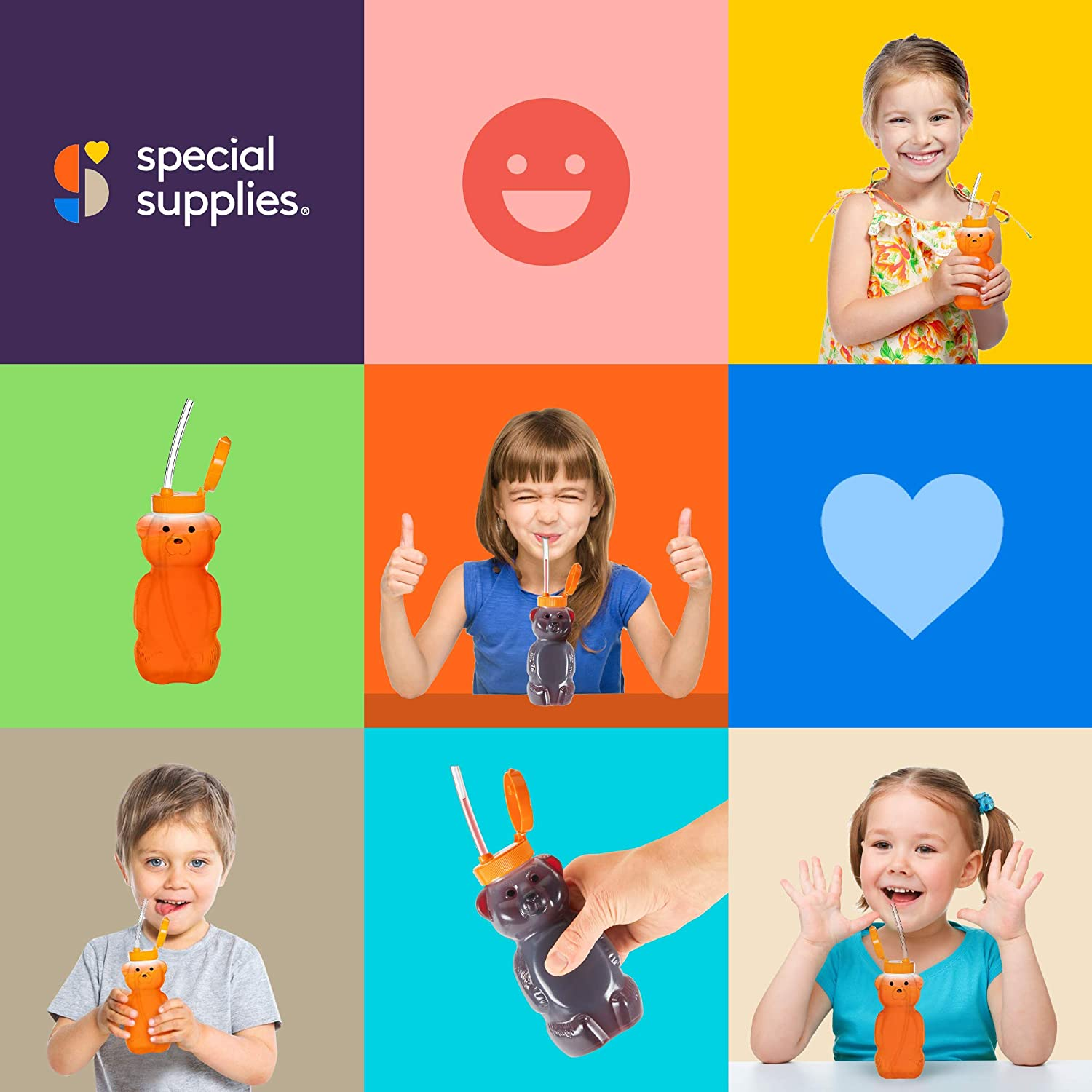 Special Supplies Honey Bear Straw Cup Long Straws, 3-Pack Squeezable Therapy and Special Needs Assistive Drink Container, Spill Proof and Leak Resistant Lid image number 6