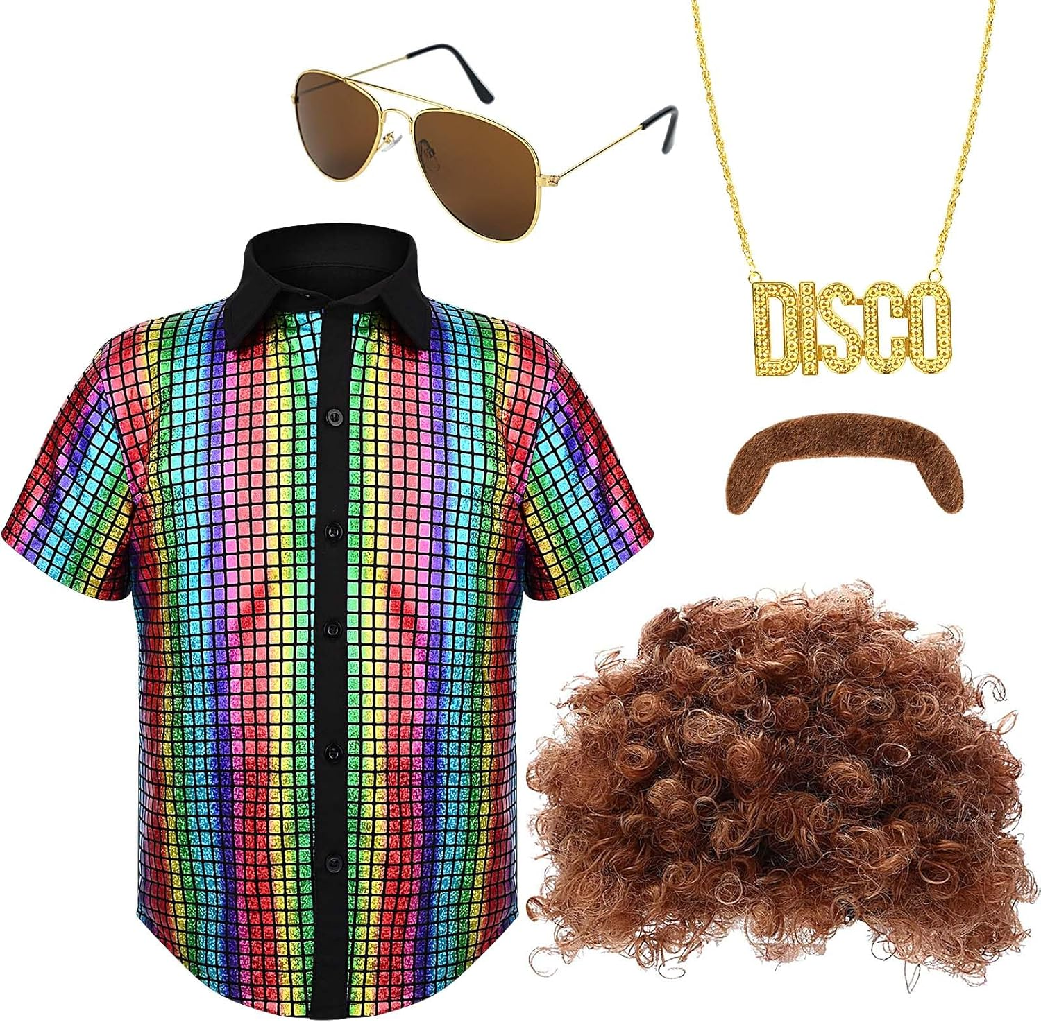 5Pcs Boy 70S Disco Costume,Kids Boys Sequins Dress Shirt,Wig Disco Necklace Sunglasses for 60S Dress Up image number 5