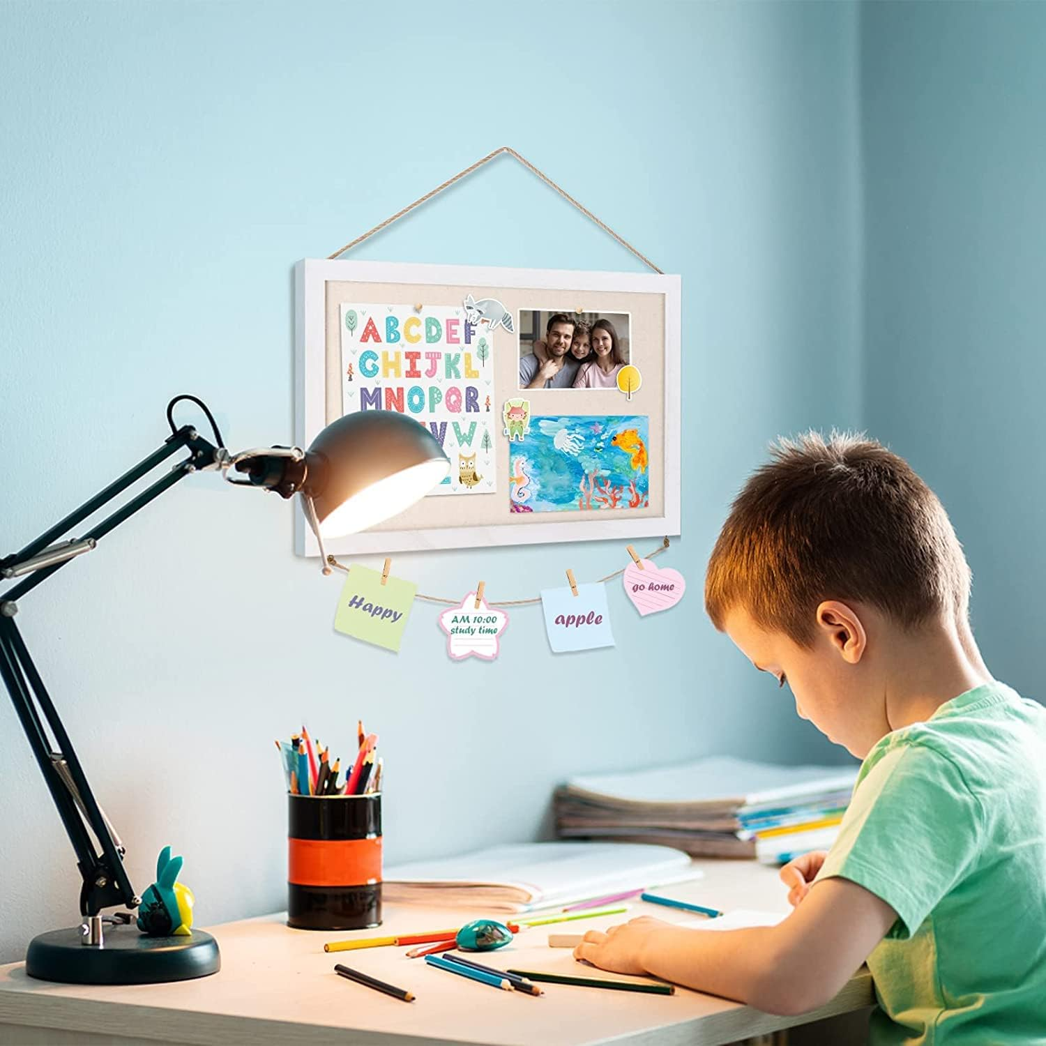 Cork Board Bulletin Board, 16 "X11 White Linen Cork Boards for Walls with White Frame, Pin Board Vision Board for Home Kitchen School Office Decor- 2-Pack (White+Wooden Clip) image number 5