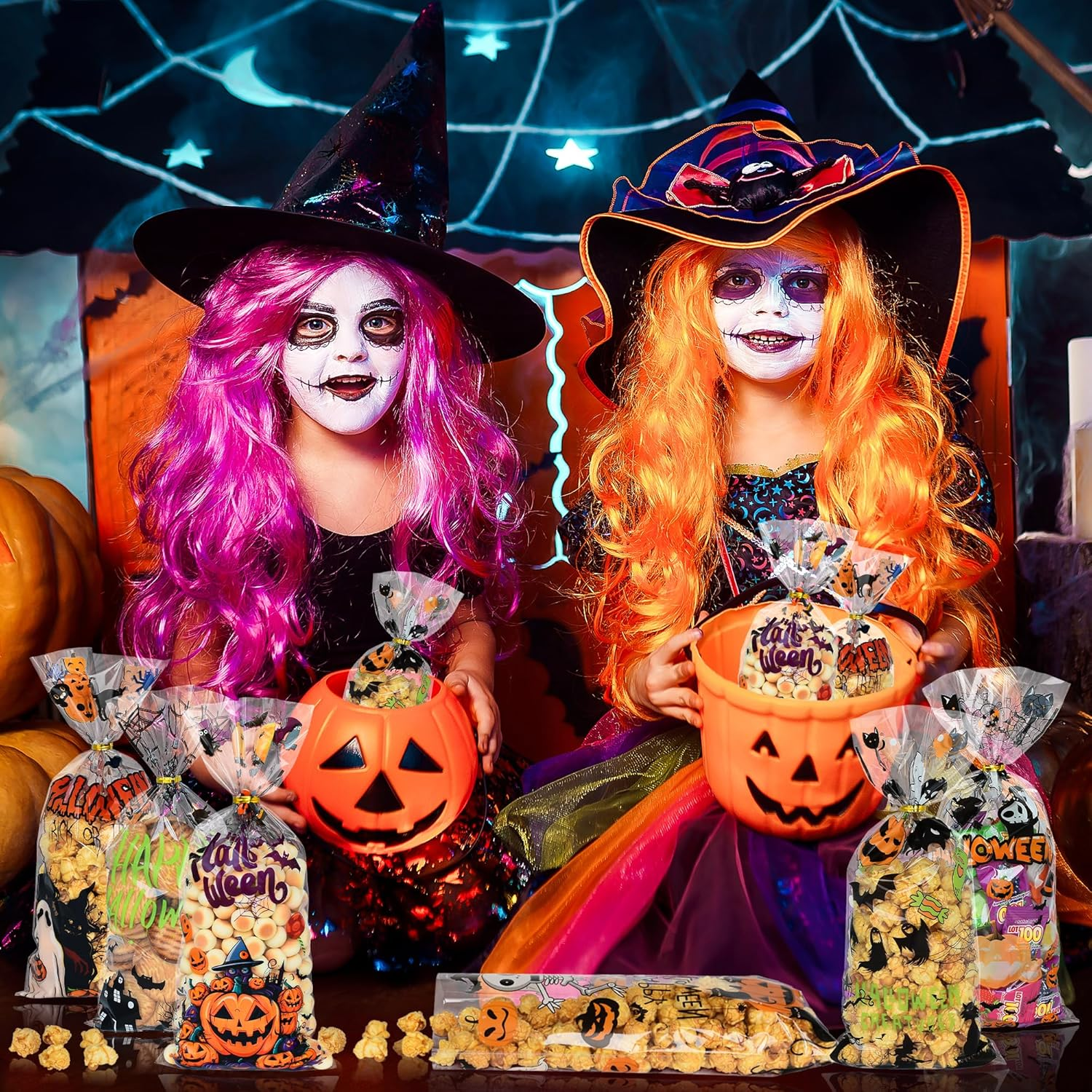 Twavang 150 Pcs Halloween Cellophane Treat Bags, Halloween Trick or Treat Goodie Bags with 170 Pcs Twists for Halloween Party Favors (10.8 X 4.9 Inches) image number 1