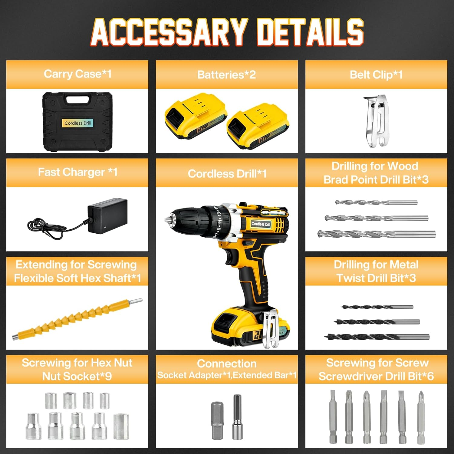 24Pcs 21V Cordless Drill Driver Set Household Hand Tool Kit,25Nm Variable Speed Multifunctional Rechargeable Power Drill Set with Led Light & Charger 25+3 Torque, 2000Mah Li-Ion for Home (Yellow) image number 1