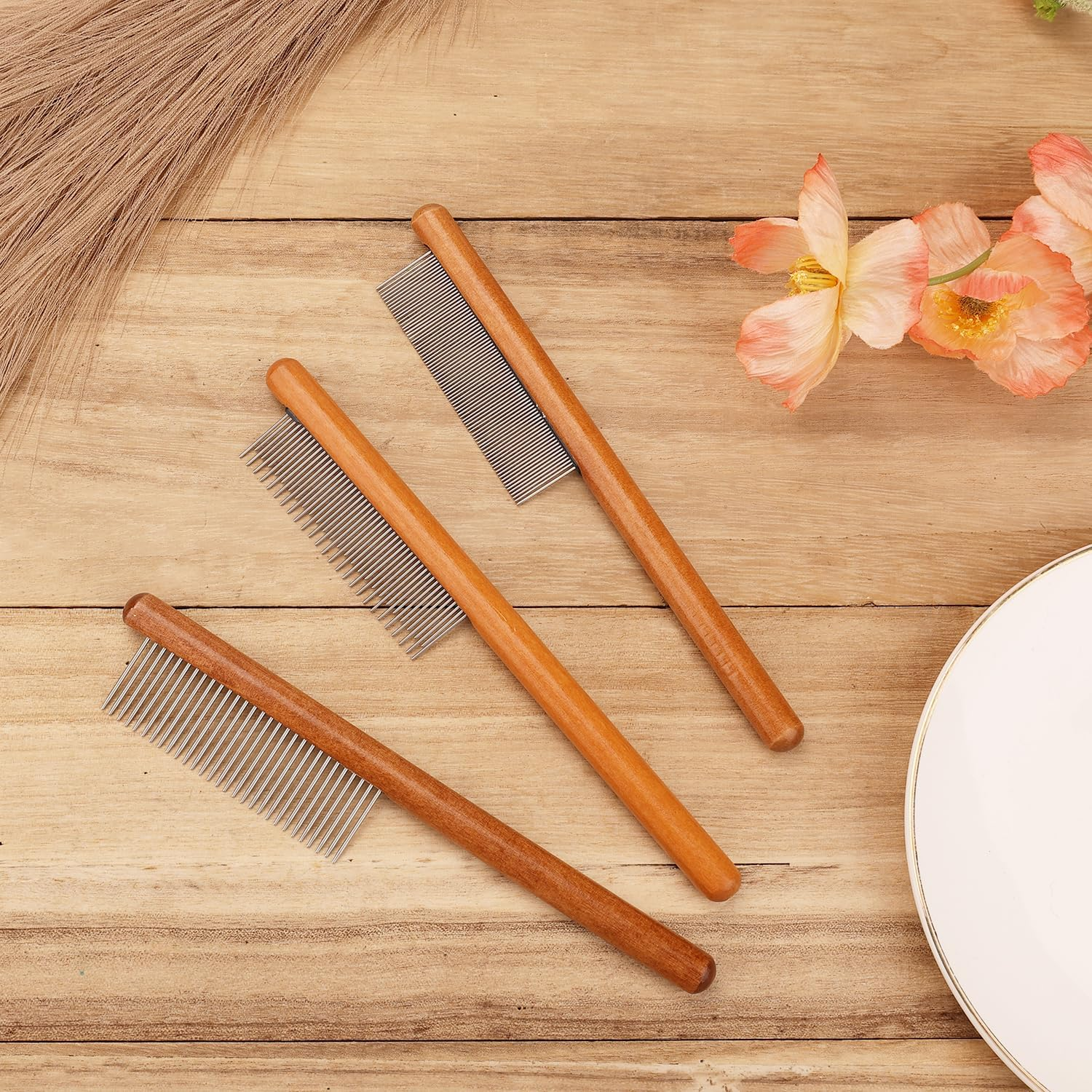 3Pcs Grooming Comb for Pets, Solid Wood Cat Combs with Wide & Narrow Rounded-Tip Teeth Pet Hair Comb Metal Flea Lice Comb for Cats Dogs Rabbits Tangled Hair (3 Sizes) image number 5