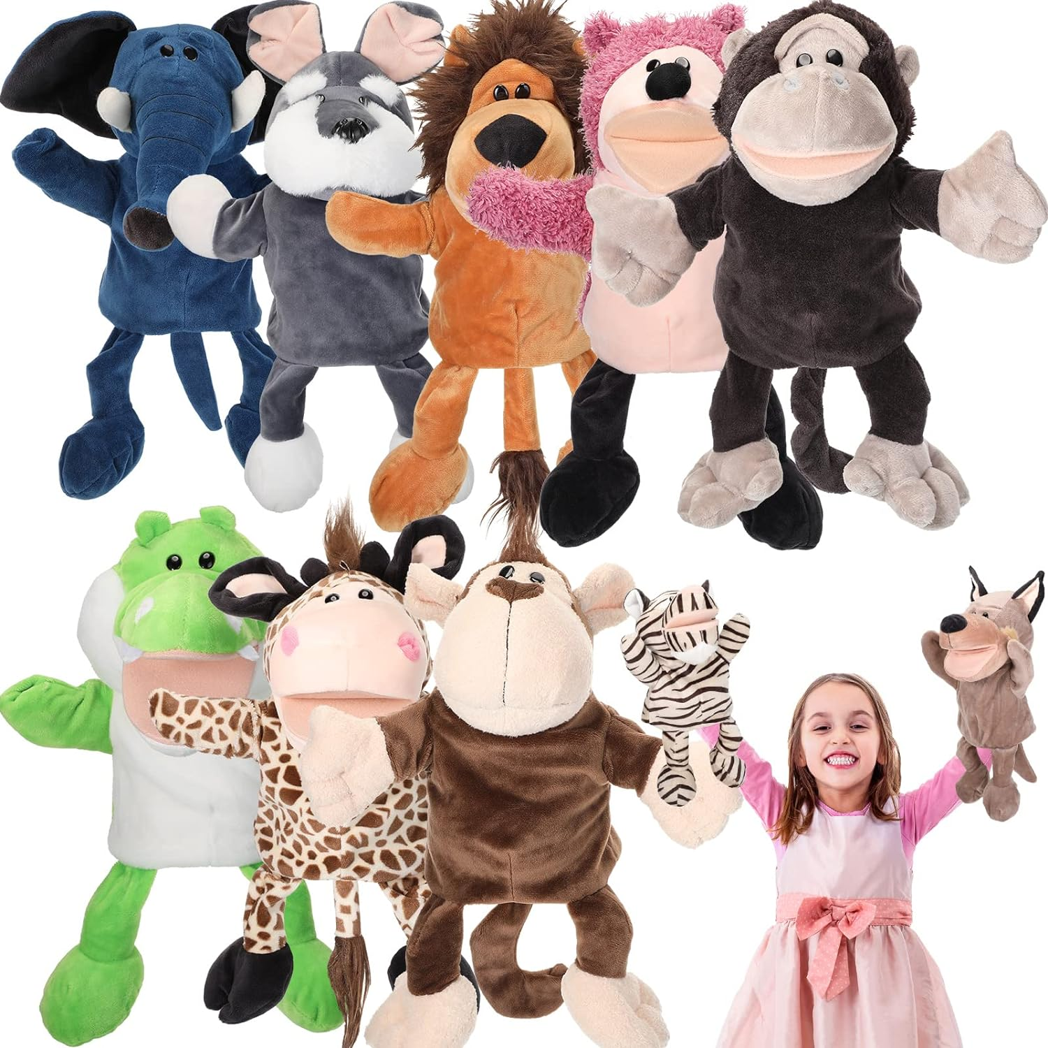 Wettarn 10 Pcs Animal Hand Puppets 12 Inch Soft Plush Lion Orangutan Giraffe Tiger Monkey for Boys and Girls Storytelling, Teaching, Role Playing image number 3