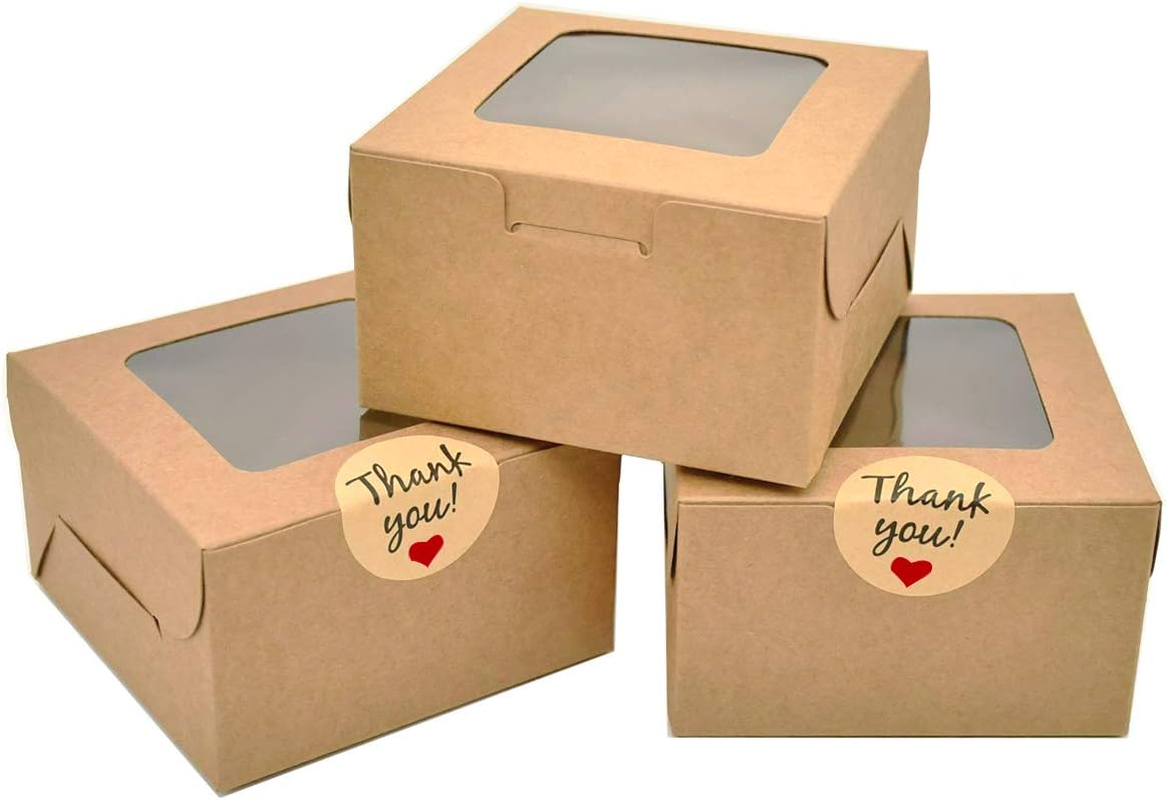 50 Pack Brown Bakery Boxes, 4X4X2.5 Inches Small Pastry Treat Boxes with Window, Gift Packaging for Cookies, Pastries, Mini Cakes, Donut, Pie Slice, Stickers Included image number 5