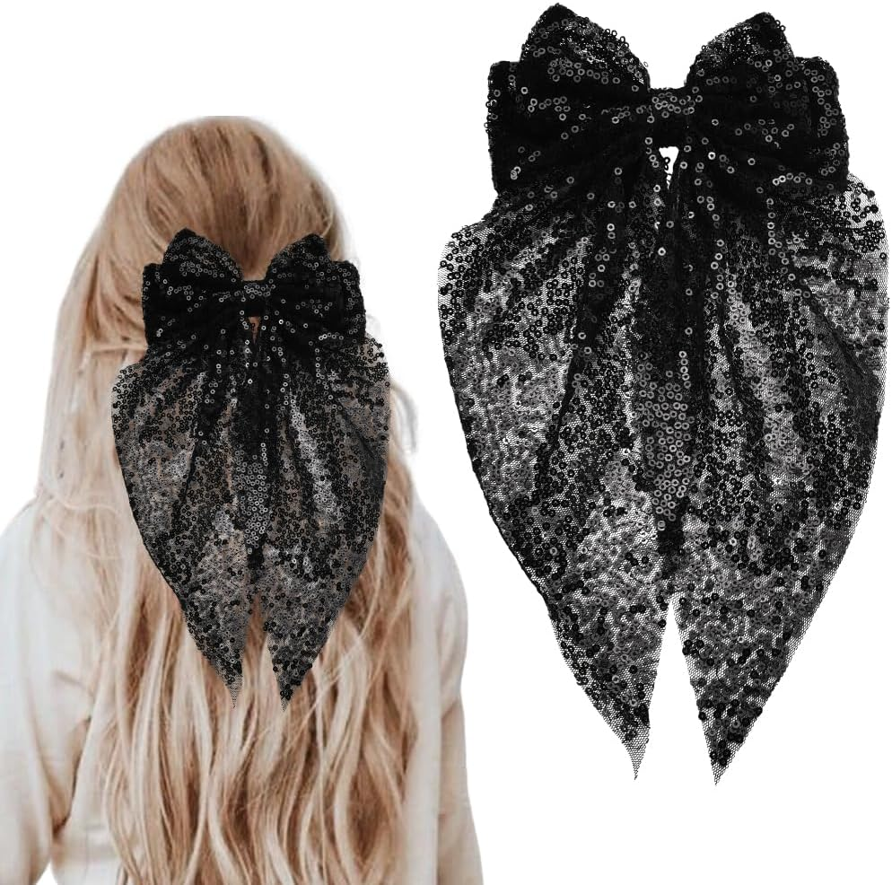 Big Sequin Black Hair Bow Clips Glitter Bows for Hair Ribbon Bow-Knot Hair Clips Barrettes Headwear Disco Festival Party Hair Accessories for Women