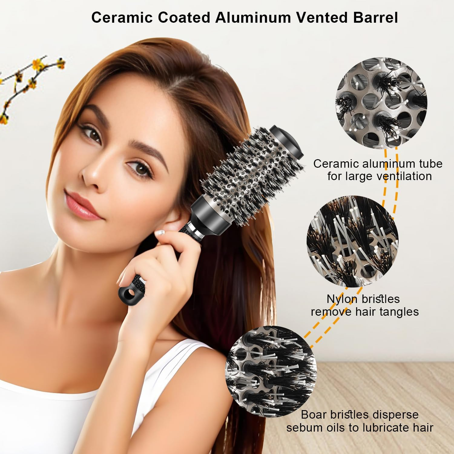 Round Brush for Blow Drying, Ceramic round Hair Brush for Blow Out with Boar Bristles, Ionic Tech, for Hair Curling, Styling, Adding Volume (3 Pack - Barrel 1.3 Inch, 1.7 Inch, 2.1 Inch) image number 2