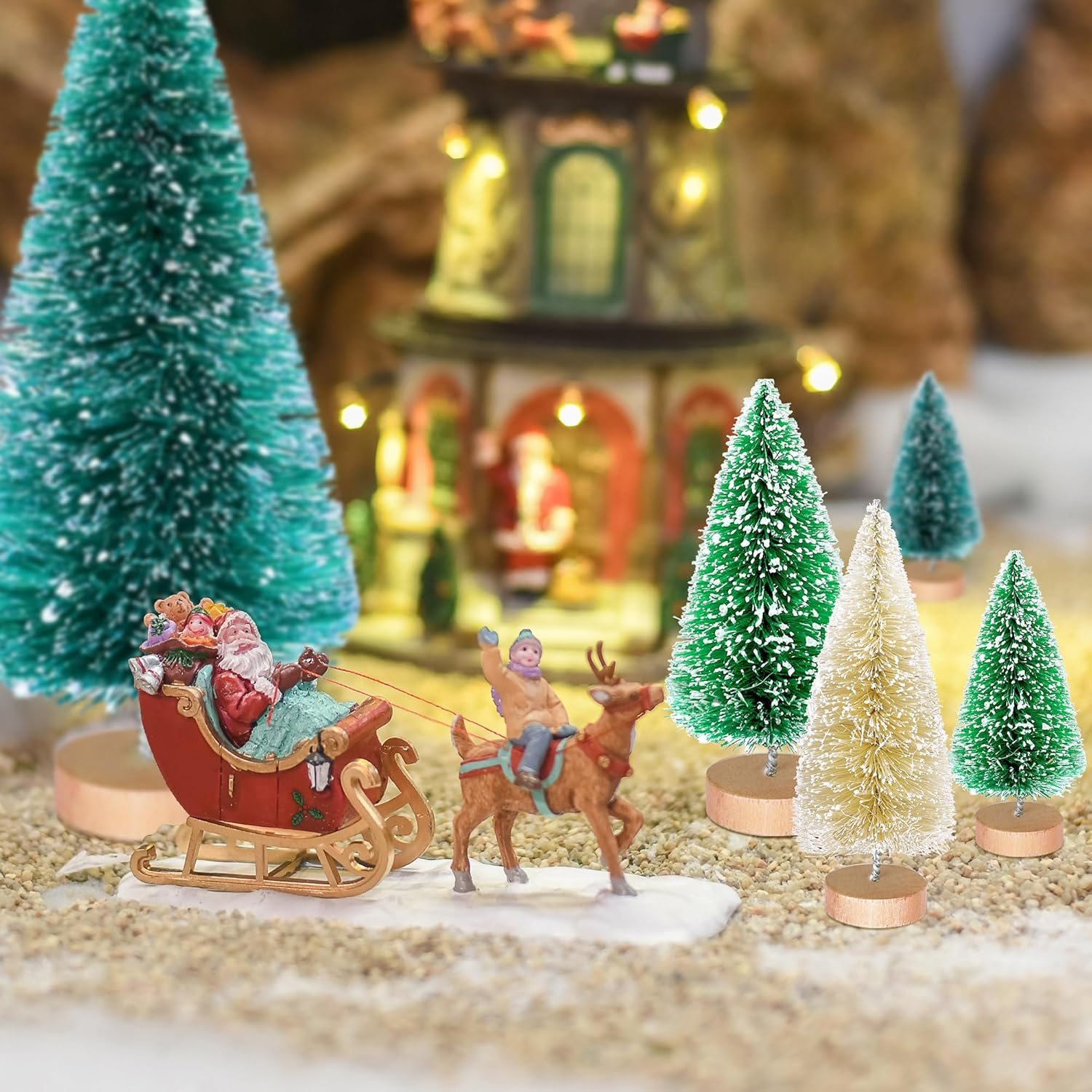 Iceyyyy 56 Pcs Artificial Mini Christmas Trees Set - Miniature Sisal Frosted Christmas Trees Bottle Brush Trees for DIY Crafts Home Table Top Decor