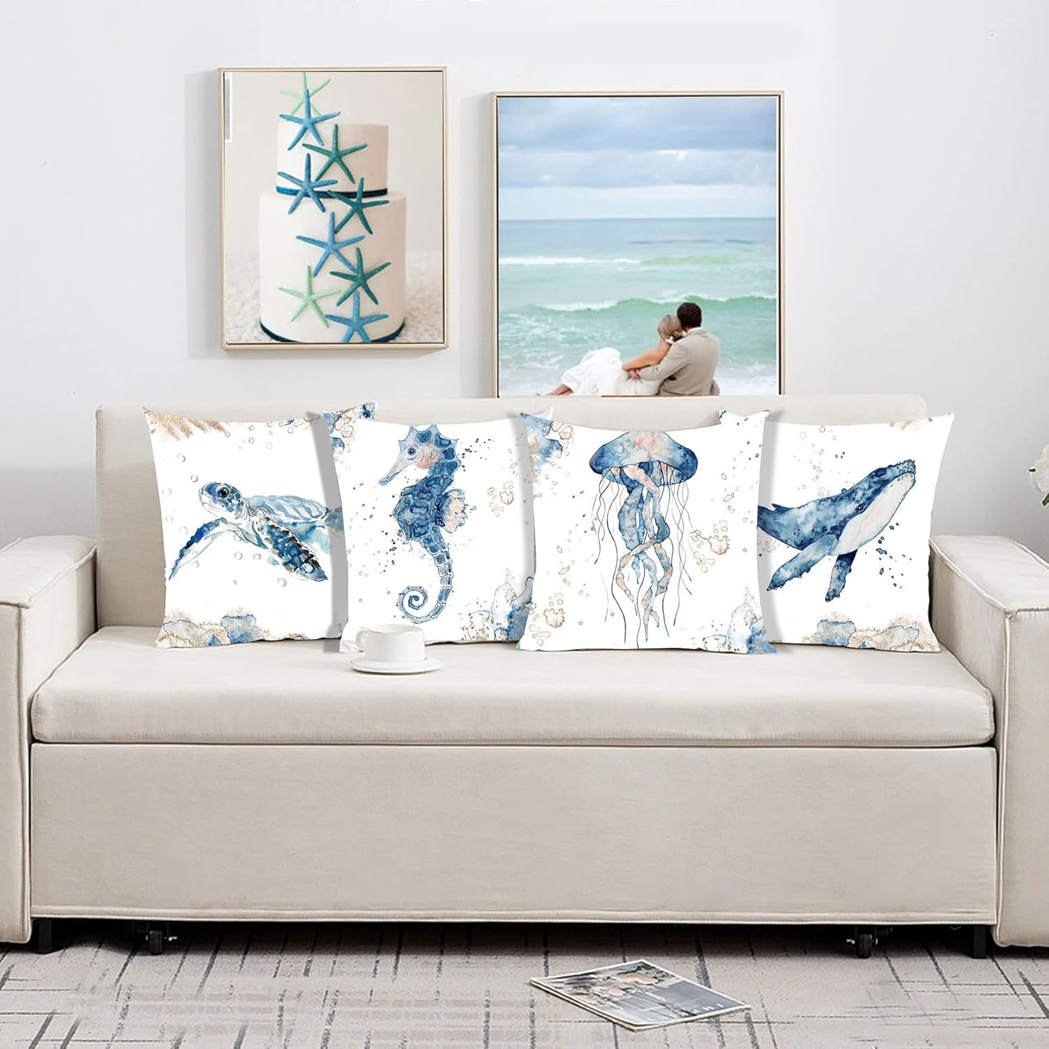 Generic Theme Pillow Covers 18X18In, 4-Pack Ocean Beach Coastal Decor Outdoor Cushions Seashell Throw Pillow Covers for Couch, Sofa, Bed (W/O Insert) &ndash;Turtle Seahorse Whale Octopus (Ocean Theme) image number 2