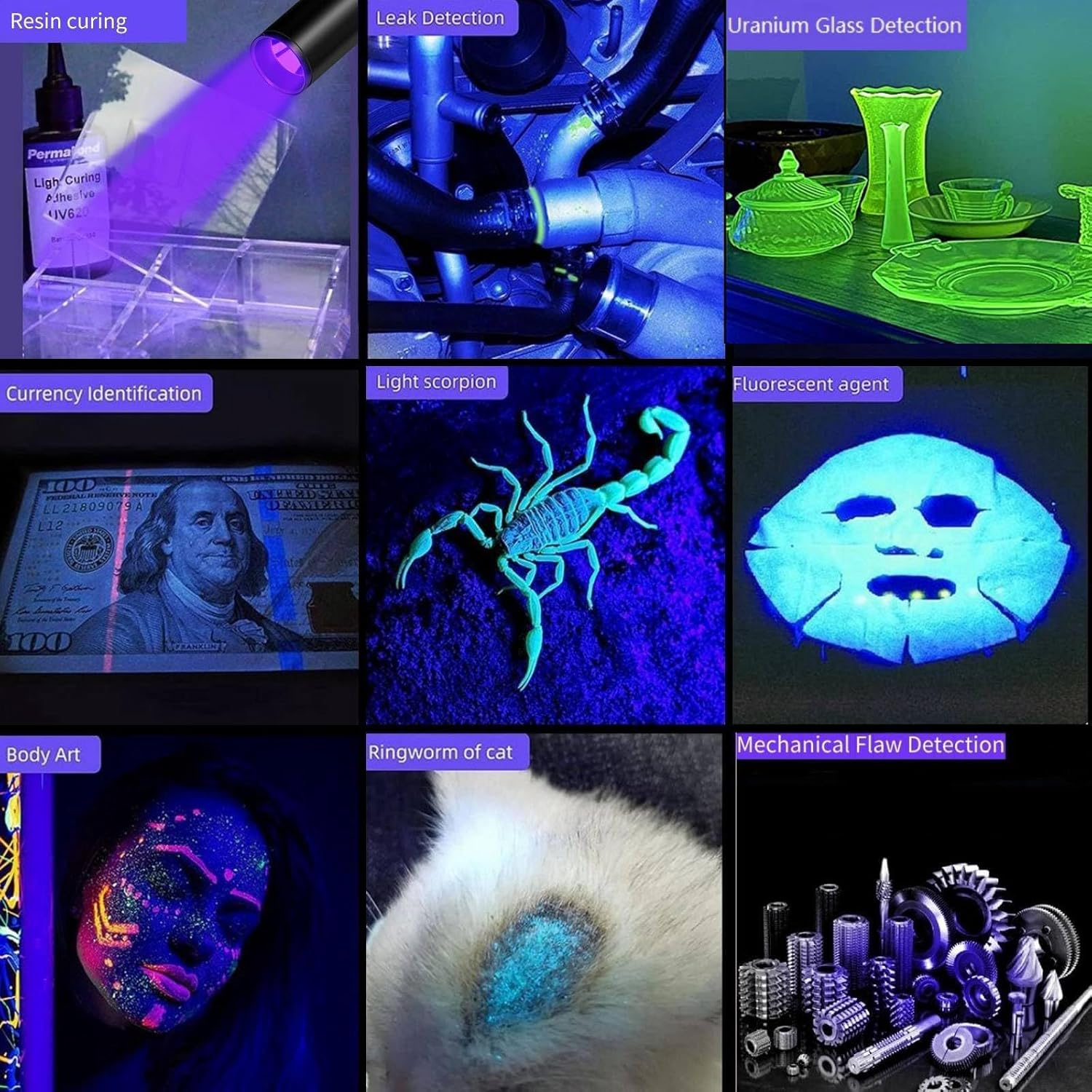 UV Torch 365 Nm & 395 Nm Black Light, Mini Strong Rechargeable UV Lamp, USB-C LED UV Light, Pet Urine Detector for Gel Nails, Resin, Amber, Uranium Glass, Scorpion, Money Checker, Set of 4