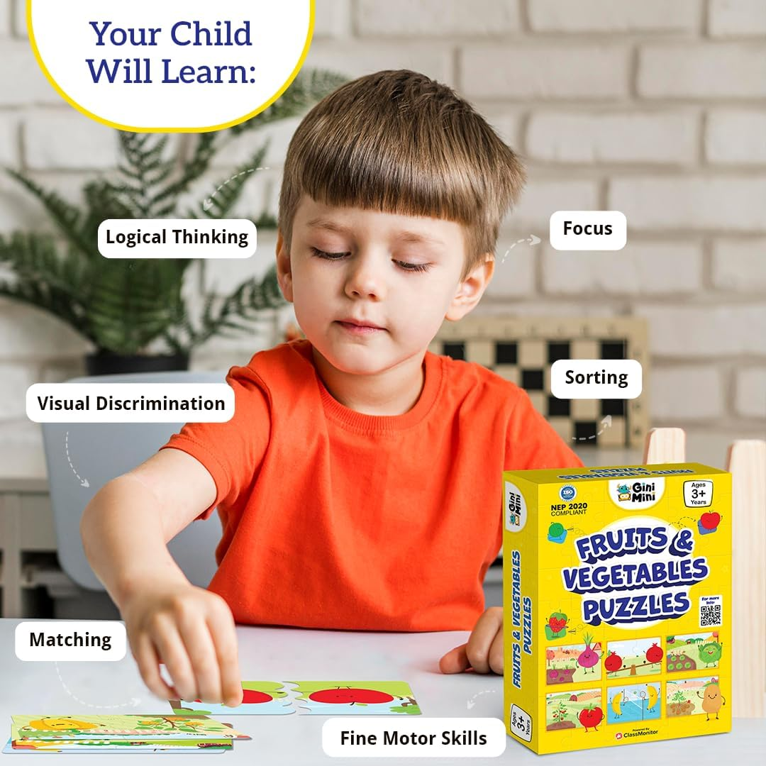 Fruits & Vegetables Jigsaw Puzzle for Kids - Set of 16 | 2 Piece Puzzle Toddler Educational Toy for Cognitive Development | Fine-Motor Skills | Age 3 & Above image number 3