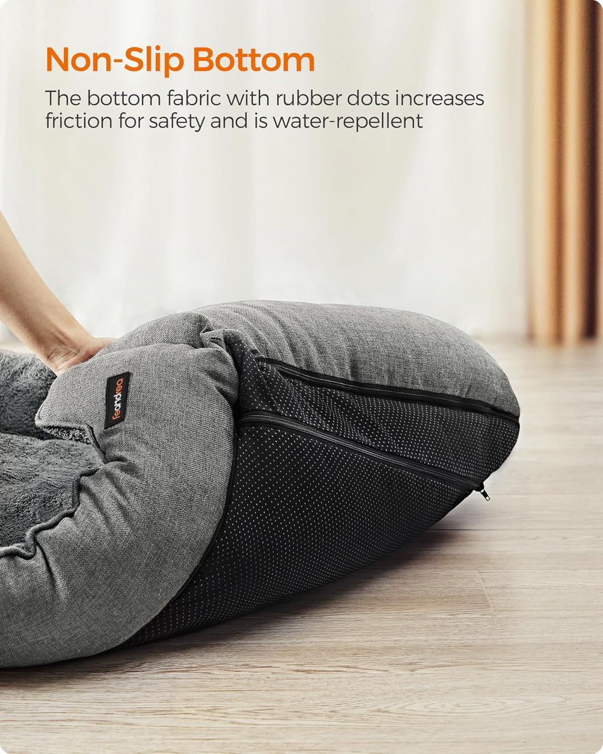 Feandrea PGW10GG Dog Bed Linen Look Dog Basket Raised Edges Non-Slip Backing Removable Washable Cover Medium for Small Dogs 70 X 55 X 21 Cm Light Grey image number 5