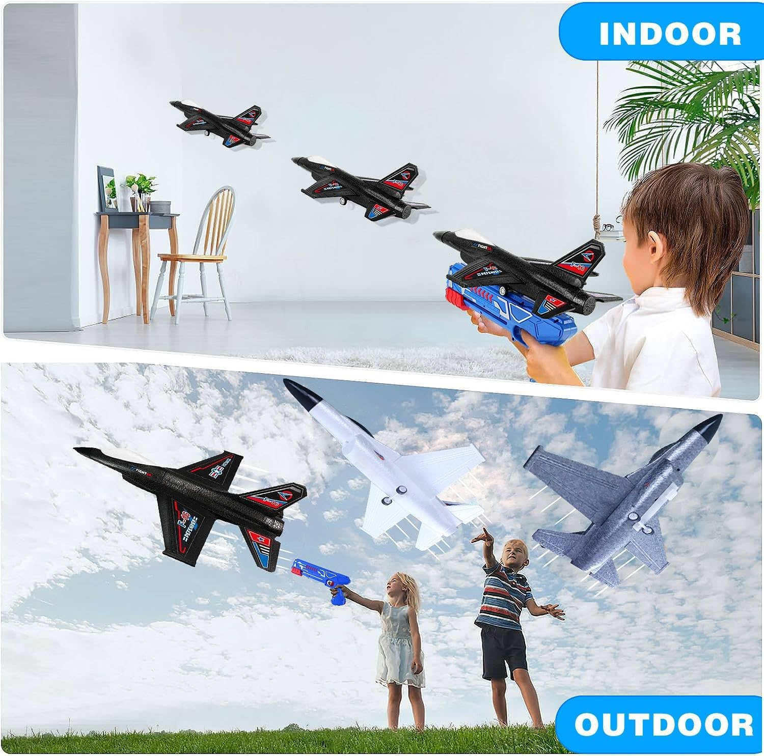 4 Pack Airplane Launcher Toy, Foam Throwing Glider Plane with Catapult Gun Game and Big 3Pcs 34CM F-16 Plane, Outdoor Sports Flying Gadget 3 4 5 6 7 8 9 10+ Years Old Boys Girls Xmas Birthday Gifts image number 2