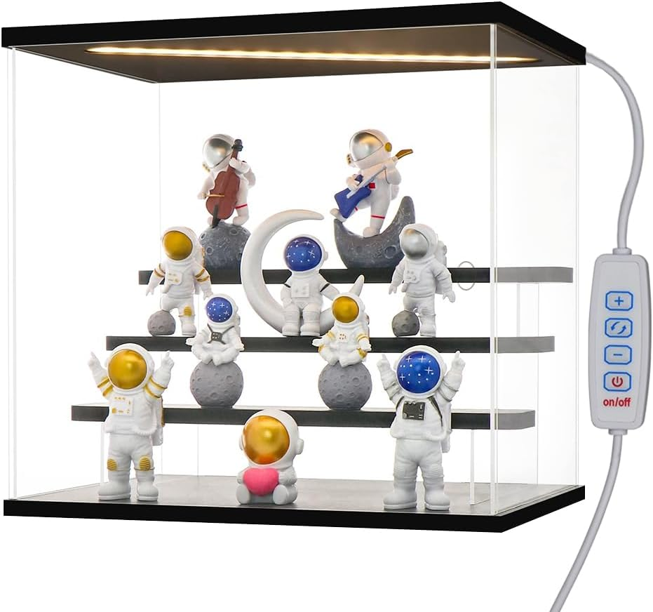 Clear Acrylic Display Case with 3-Color Light,4 Level Stand Display Box with Wooden Base Countertop Dustproof Showcase for Display Collectible Pop Figures and Toys,Toys Not (4 Tier Black)
