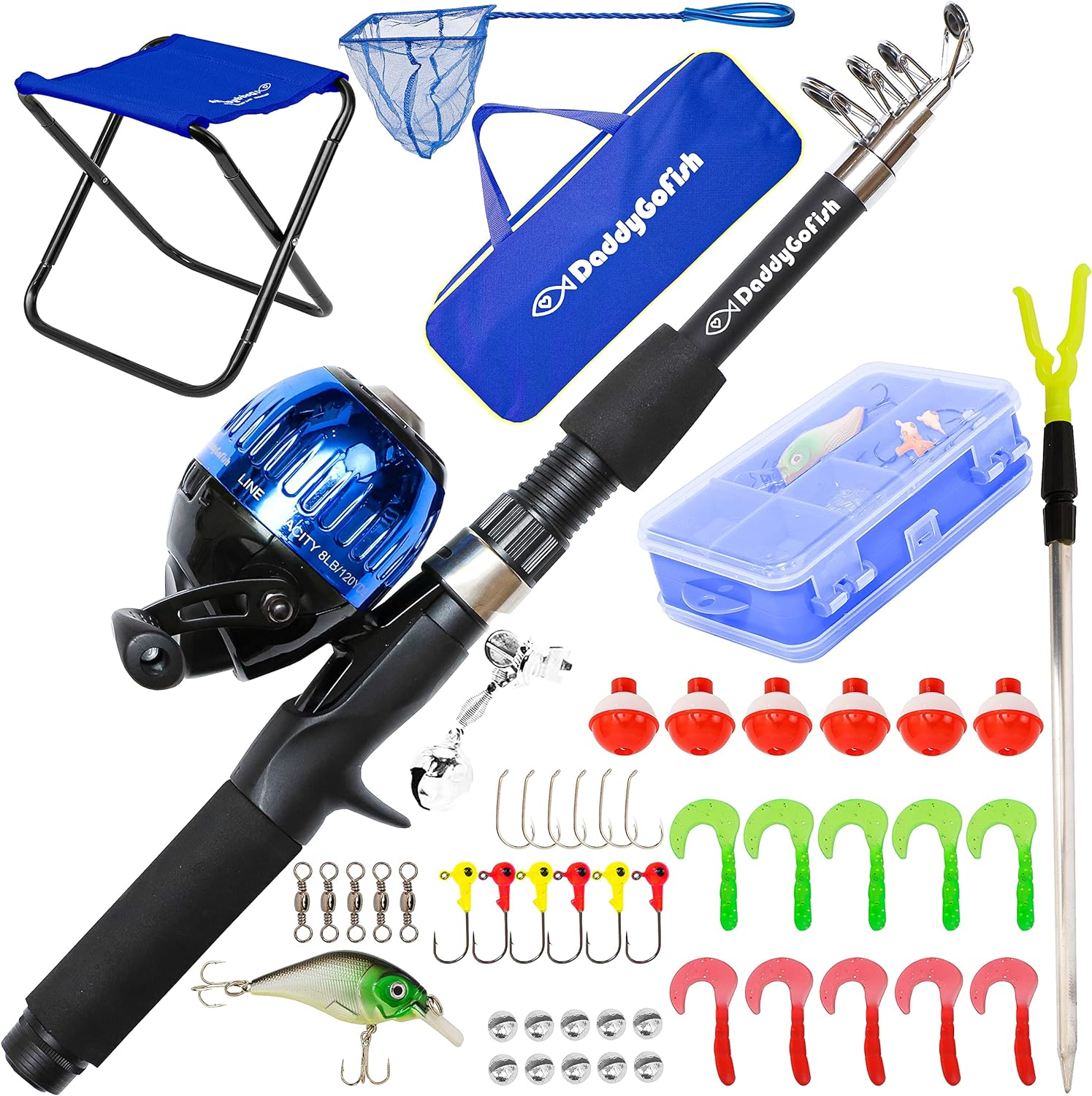 Daddygofish Kids Fishing Pole - Rod Reel Combo Tackle Box Starter Set - First Year Small Dock Gear Kit for Boys Girls Toddler Youth Age Beginner Little Children Junior Anglers