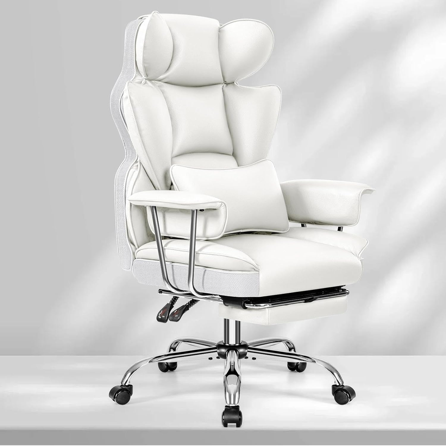 Ergonomic Office Chair with Footrest, Reclining Big and Tall Desk Chair, Leather Executive Office Chair with Lumbar Support, Comfy Wide Seat Computer Gaming Chair for Adults, White image number 6