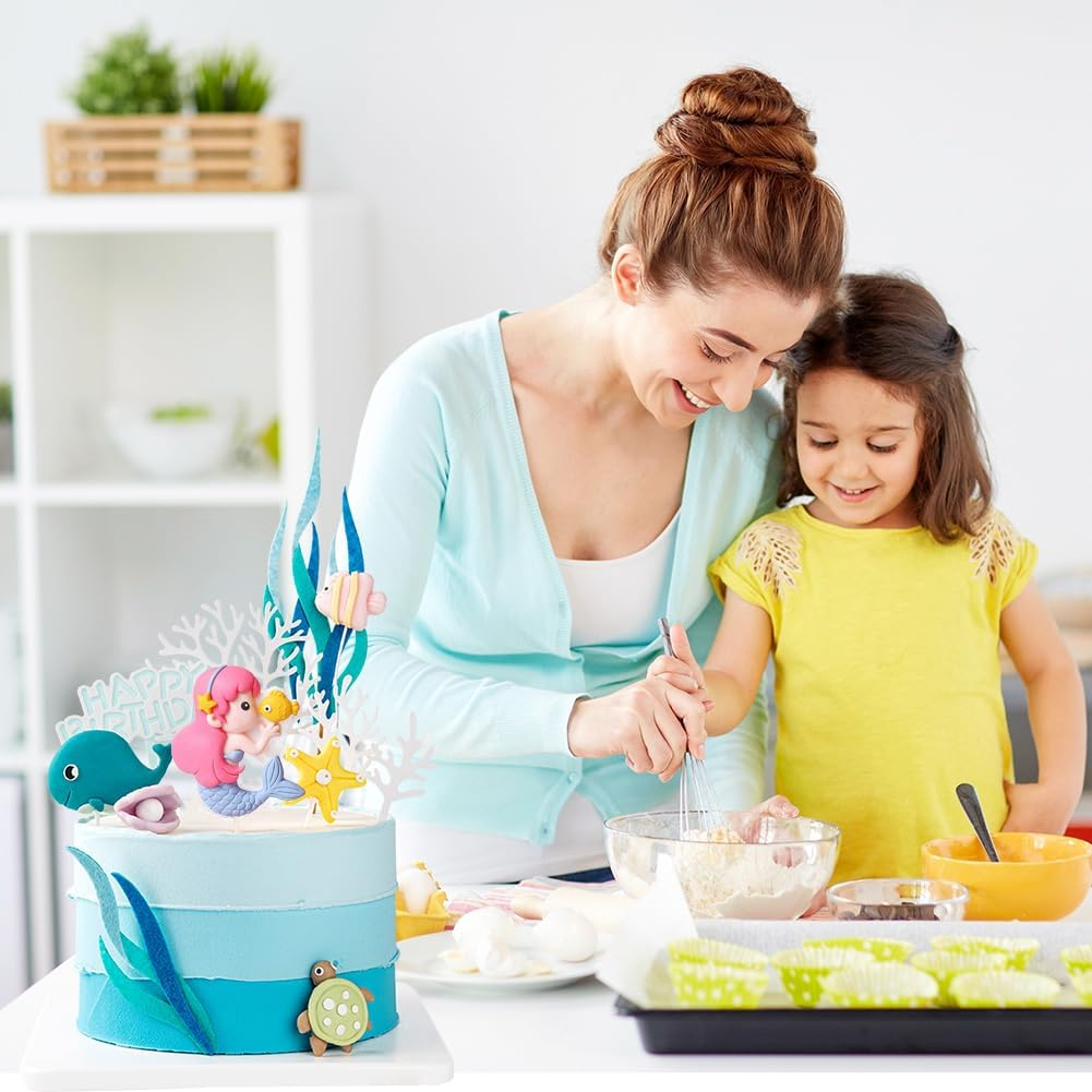 Mermaid Cake Topper Sea Cake Decorations Ocean Theme Birthday Cake Toppers Mermaid Starfish Seaweed Shells Whales Cake Toppers for Girl Kid Baby Birthday Party image number 5