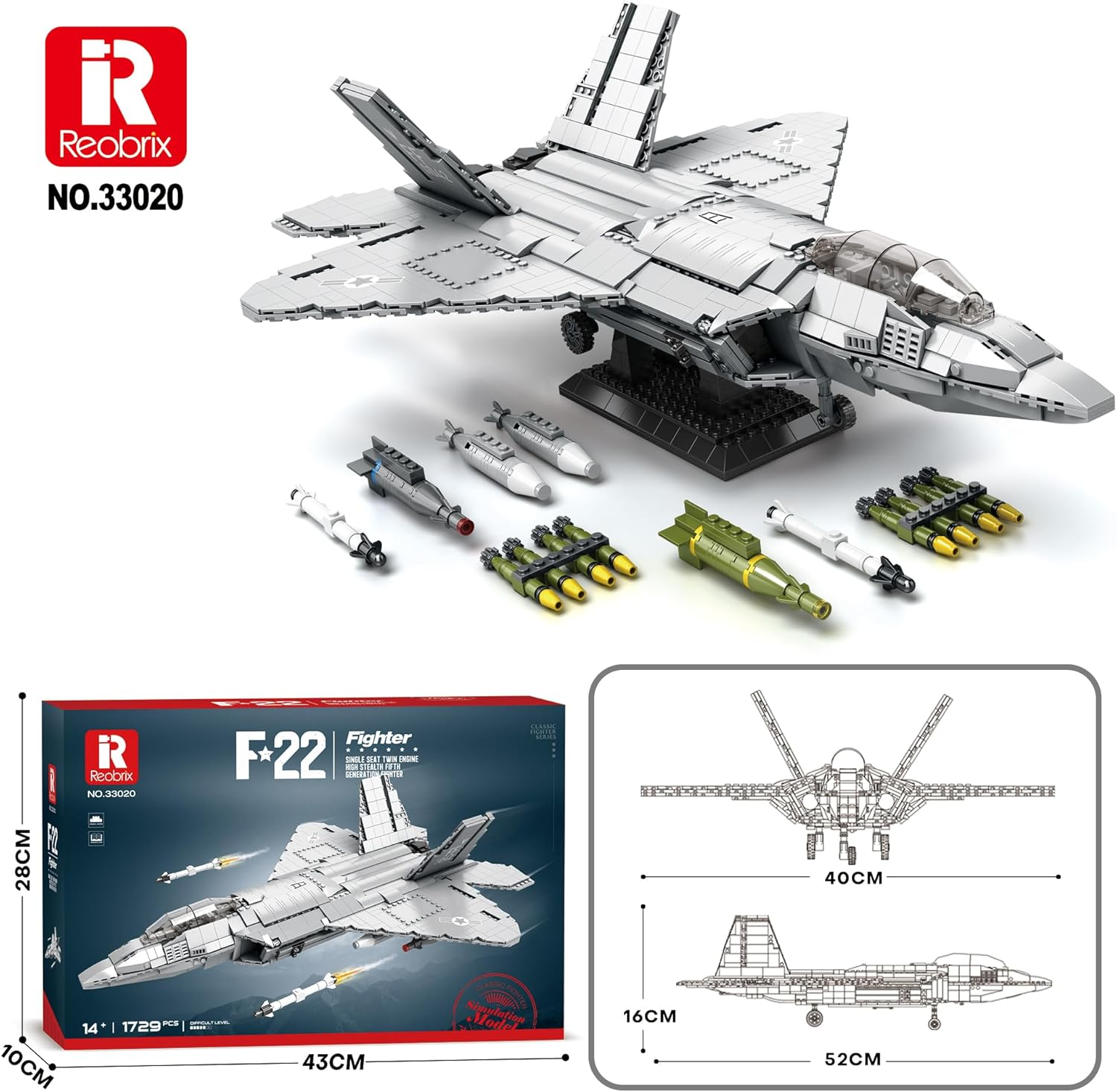 Reobrix 33020 F-22 Raptor Building Block Set with Missiles, Fighter Jet Model Building Kit, Military Airplane Toy for Aviation Enthusiasts, Kids and Adults, 1729 PCS image number 5