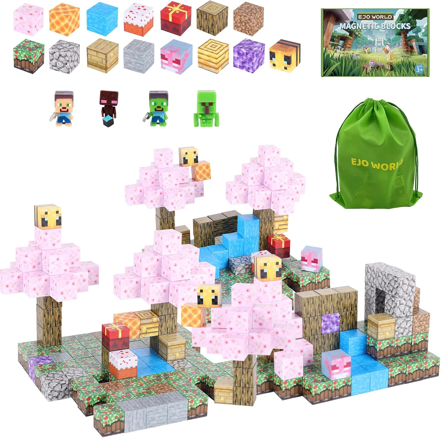 128-Piece Premium Magnetic Blocks - Sakura Party Set, STEM Learning Kids Toys, Safe and Durable Magnetic Building Blocks, Perfect Gifts for Boys Girls above 3 Years Old