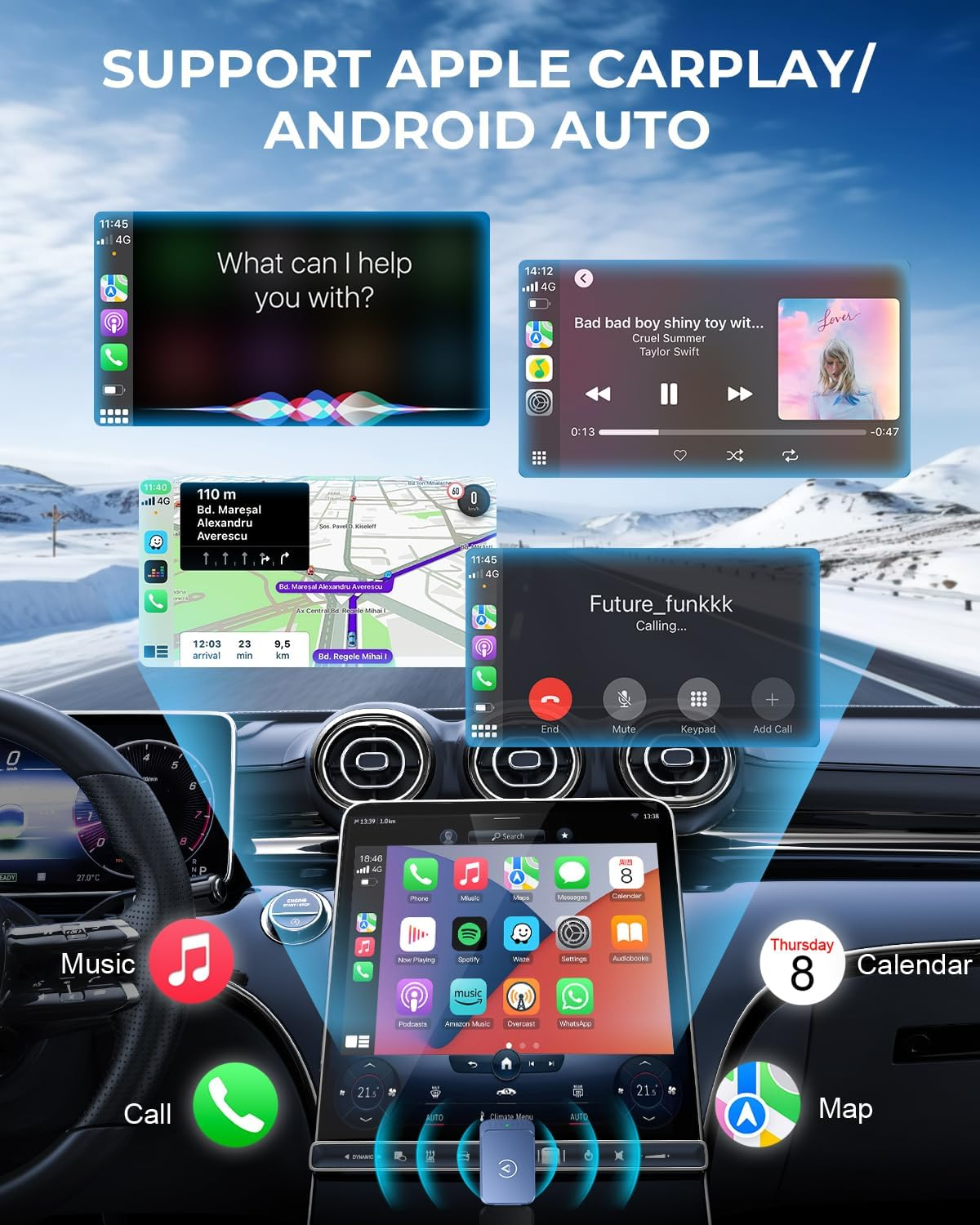 Auroralink Wireless Carplay Adapter & Android Auto Wireless Adapter 2-In-1 Fast & Stable Carplay Wireless Adapter Convert Wired to Wireless Car Play Adapter for Ios 10+/Android 11+ (Dark Blue) image number 1