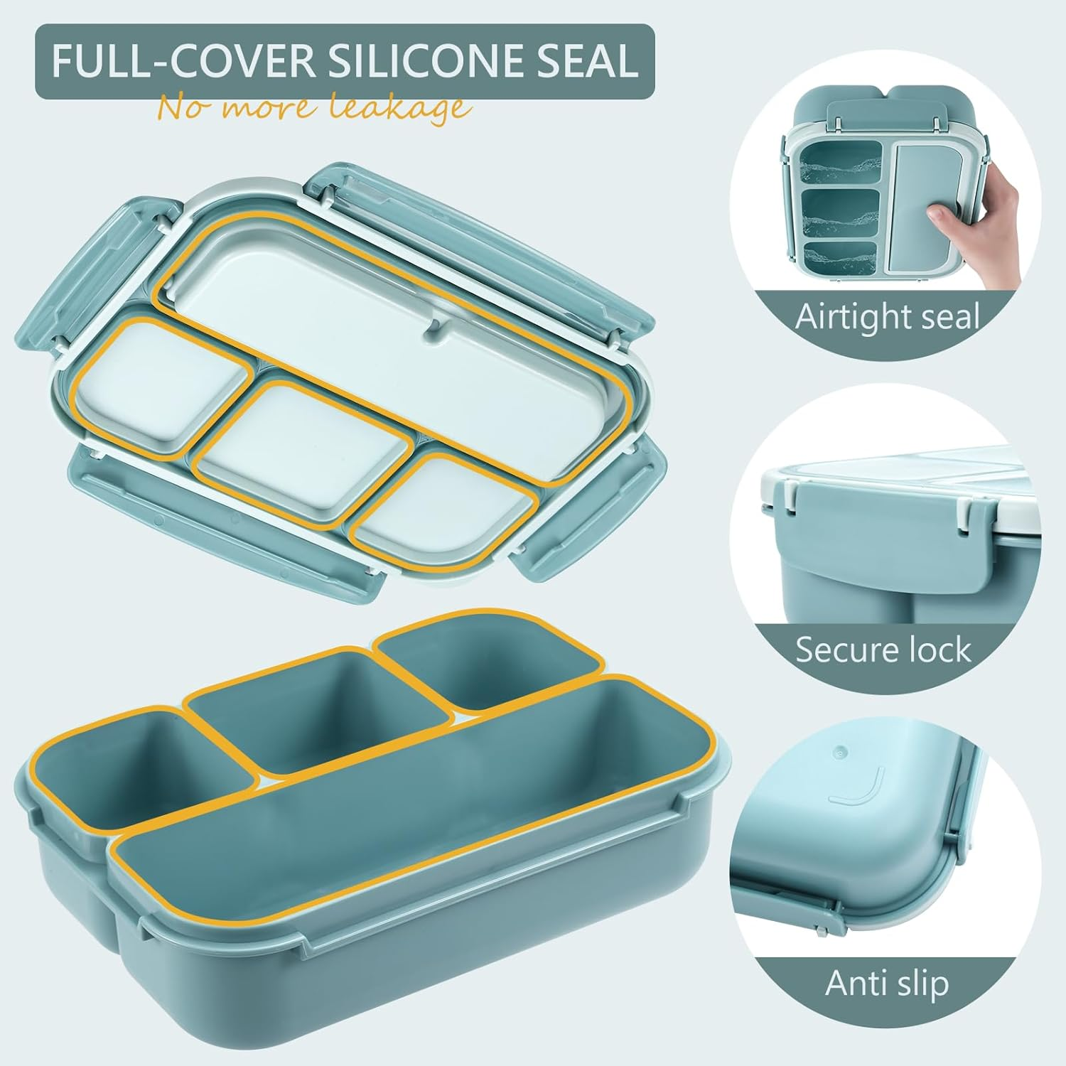 Bento Box Adult Lunch Box for Men Women, Bento Lunch Box for Kids Boys Girls School, Lunch Containers for Adults with 4 Compartments, Utensil Set, Sauce Container, Muffin Cup, Green image number 3