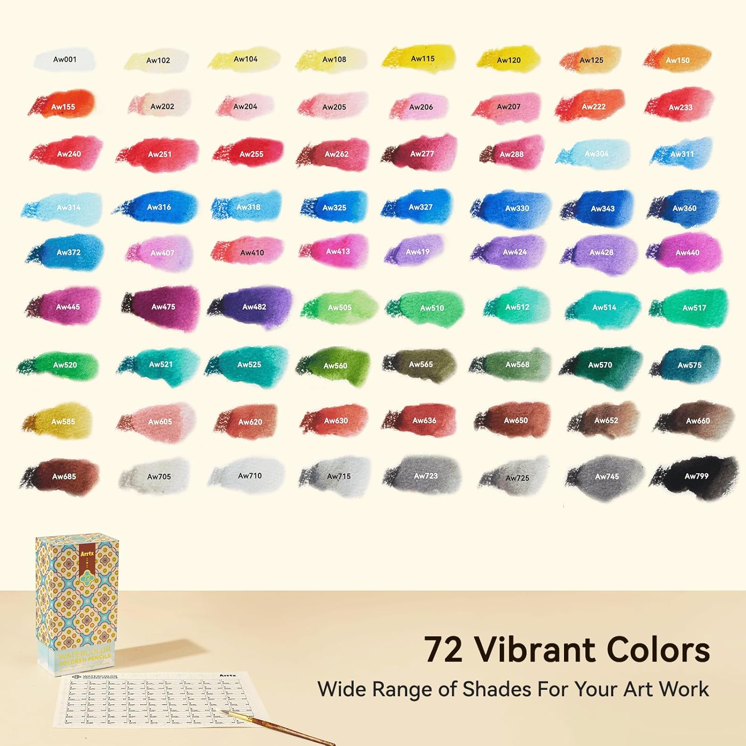 Arrtx 72 Colors Water-Soluble Colored Pencils Set with Nylon Brush - Premium Quality Watercolor Pencil Art Supplies for Drawing, Sketching, and Coloring image number 1
