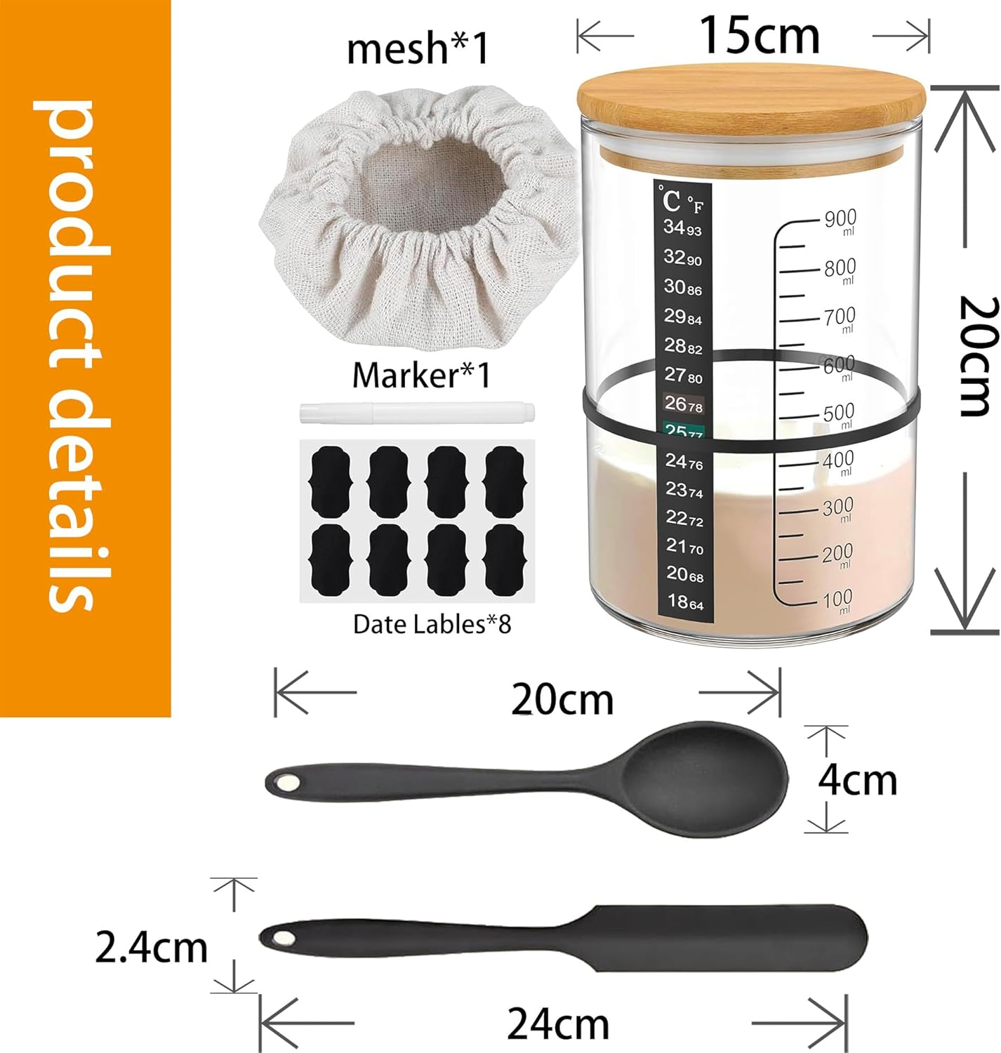 Sourdough Starter Jar, Myrthra 900Ml Sourdough Starter Container Glass Sourdough Starter Cup Wide Mouth with Wooden Lid Thermometer Strip Spatula Rubber Band Cloth Cover Lable Pen for Sourdough