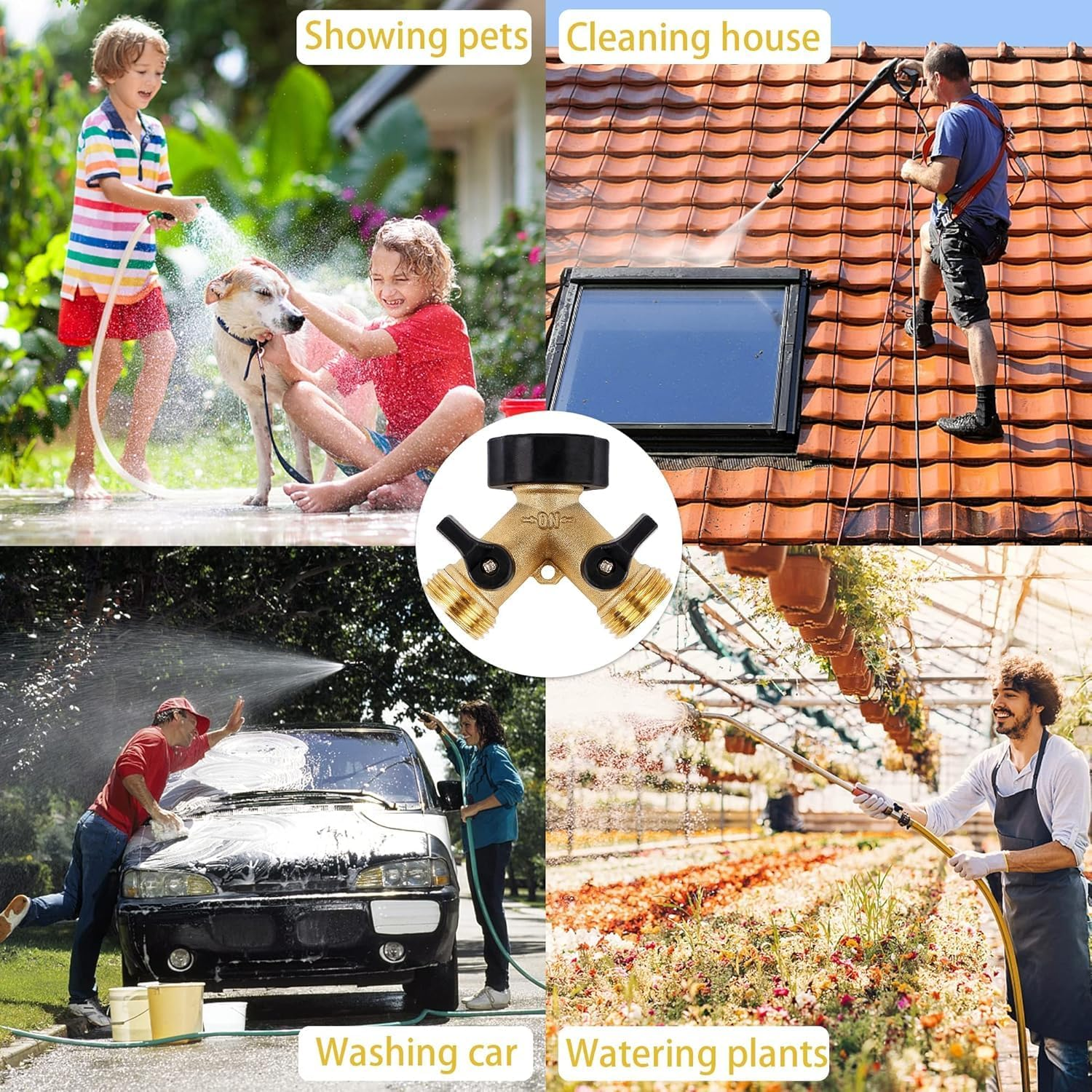 Garden Hose Splitter 2 Way, Heavy Duty Brass Connector Tap Splitter, Y Splitter 2 Valves with 2 Quick Connectors Adaptors and 4 Extra Rubber Washers image number 3