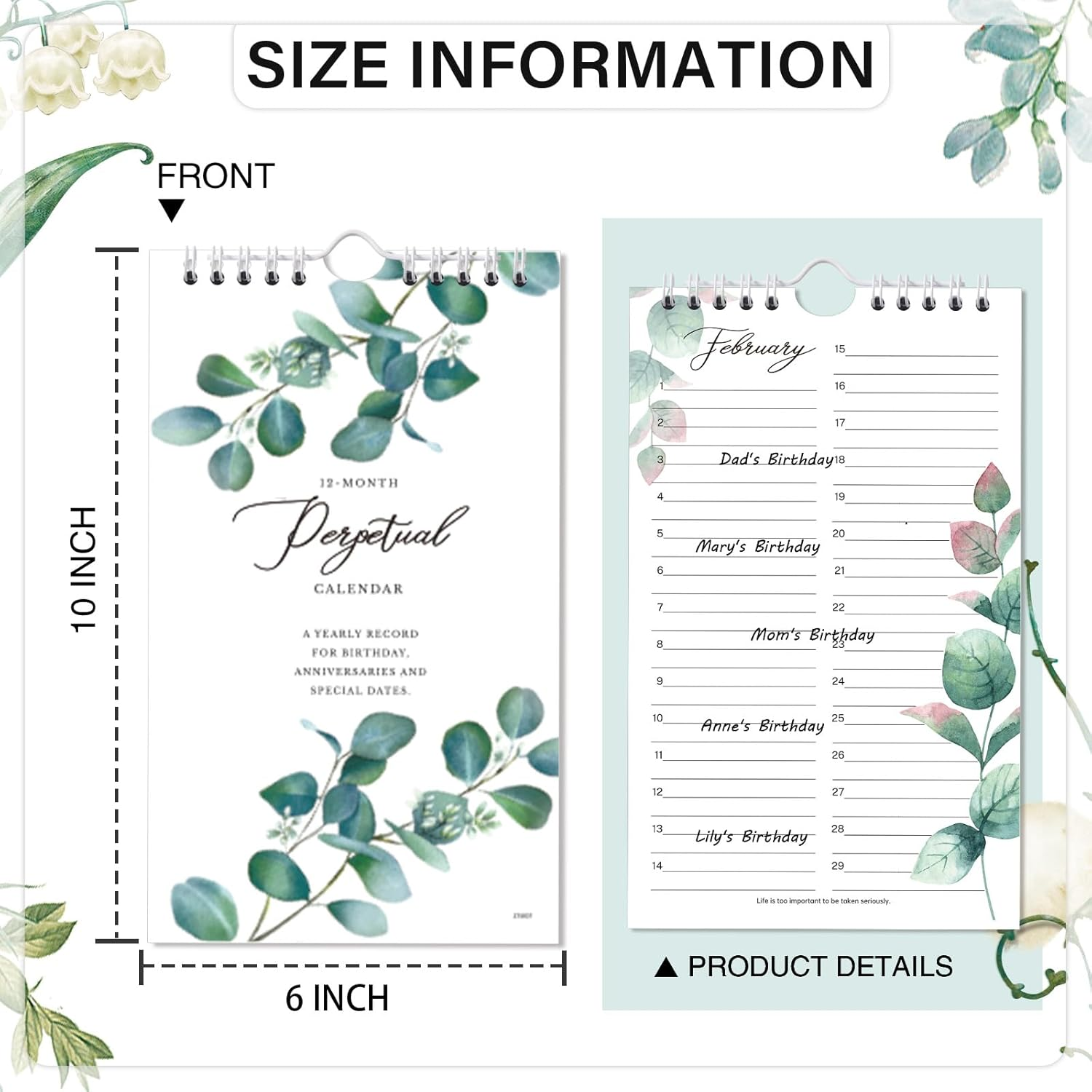 Perpetual Calendar - 12-Month Undated Calendar from Jan. to Dec., 6'' X10'' Perpetual Calendar with 2 Lines per Days, Reminding Anniversaries, Birthdays, Festivals, Birthday Reminder Book with Thick image number 3