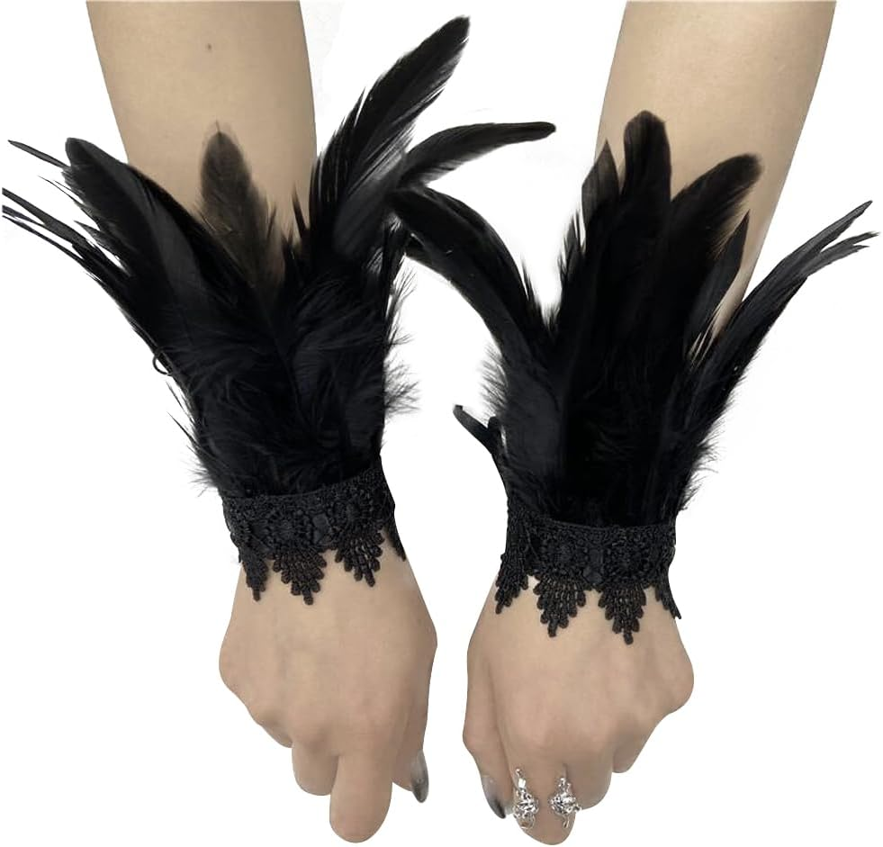 Gothic Feather Shrug Shoulder Strap and Feather Wrist Cuffs Set Cosplay Feather Cape Shawl Wrap Costume Halloween Party Tie Scarf Bib Lace Feather Wristband for Halloween Cosplay Fancy Dress Carnival image number 6