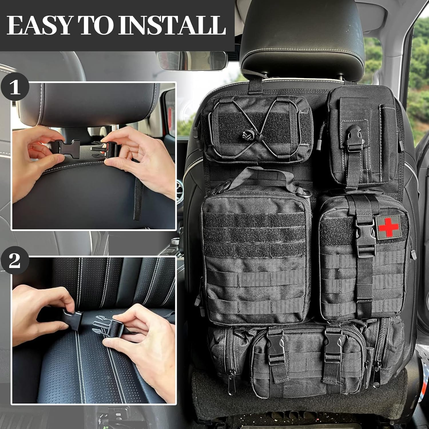 Tactical Molle Car Seat Back Organizer, Tactical Bag with 5 Mole Bags for Backseat, Multifunctional Car Seat Organiser Fits All Vehicles, Portable Outdoor Organizer for Car Truck Ford Jeep Vehicle image number 6