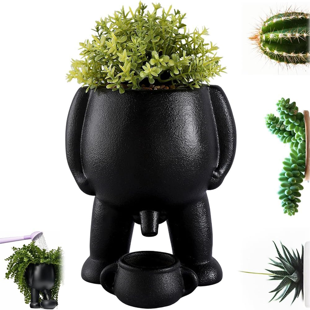 HYAVIA Funny Peeing Planter Pots &ndash; Unique Face Flower Pots for Indoor/Outdoor Decor, Cute Succulent Head Planter for Home Garden, Quirky Gift Idea for Plant Lovers, Black image number 1