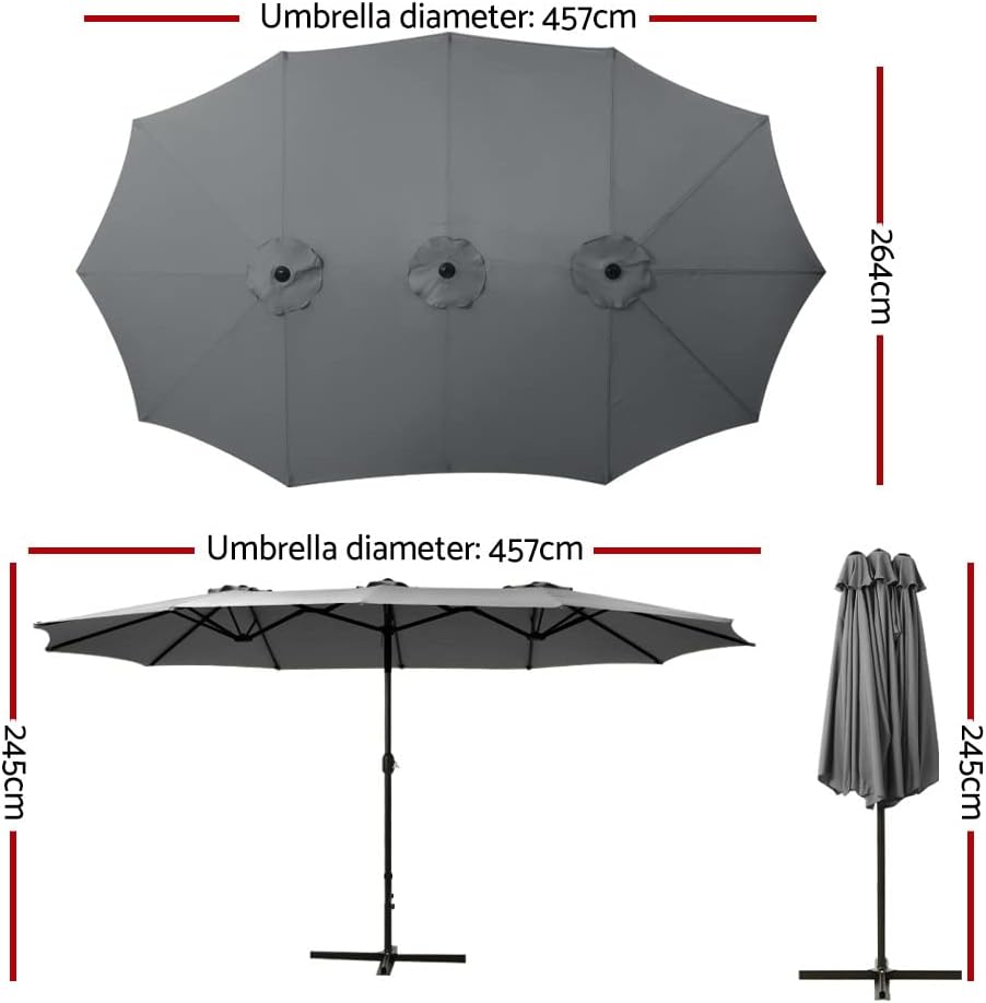 Instahut Outdoor Umbrella 4.57M Charcoal Pole Stand, Sun Beach Garden Patio Camping Tent Gazebo Canopy Double Shading, Water Resistant and UV Steel Frame - Charcoal image number 2