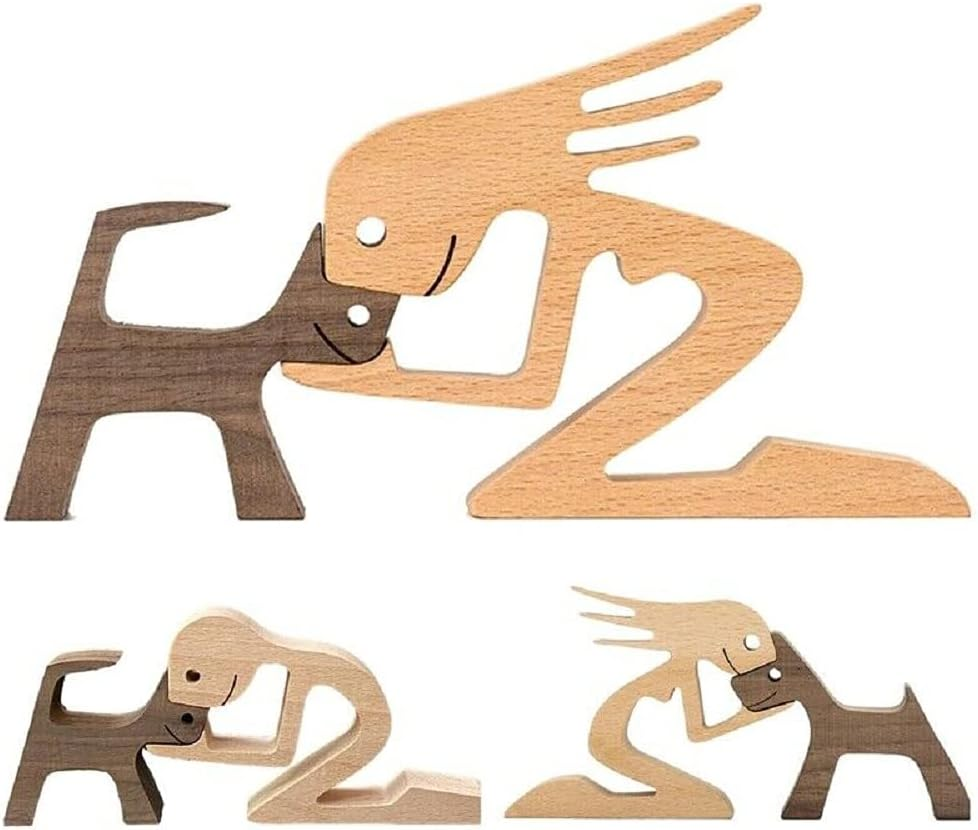 Unique Gift Hand Carved Wood Dog Human Statue Figurine Sculpture Home Office D&eacute;cor, Wooden Man Carving Model to Remember Friendship between Dog and People image number 1