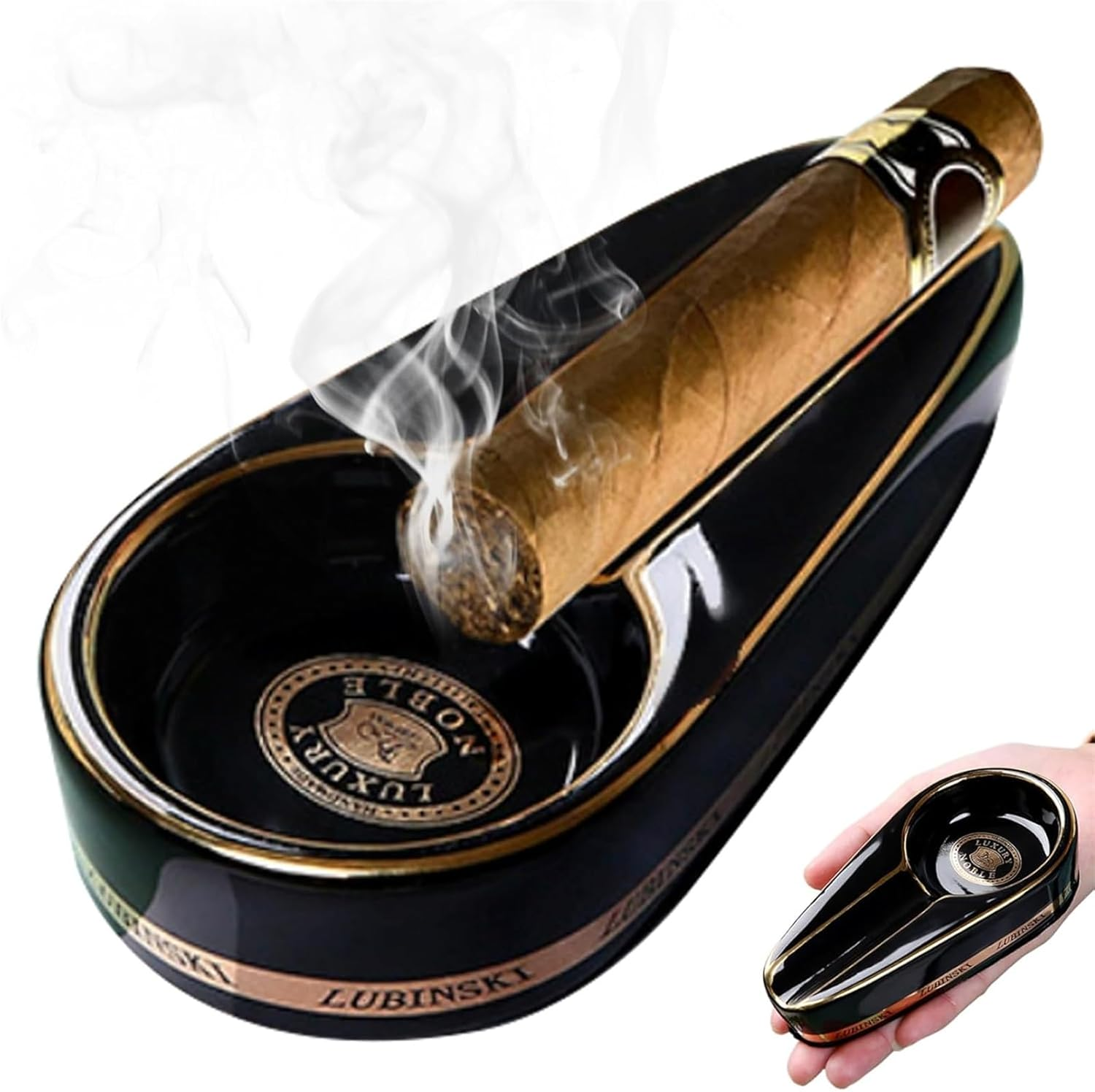 Black Gold Ceramic Cigar Ashtray with Holder, Classic Cigar Gilt Ash Tray for Home Office Patio