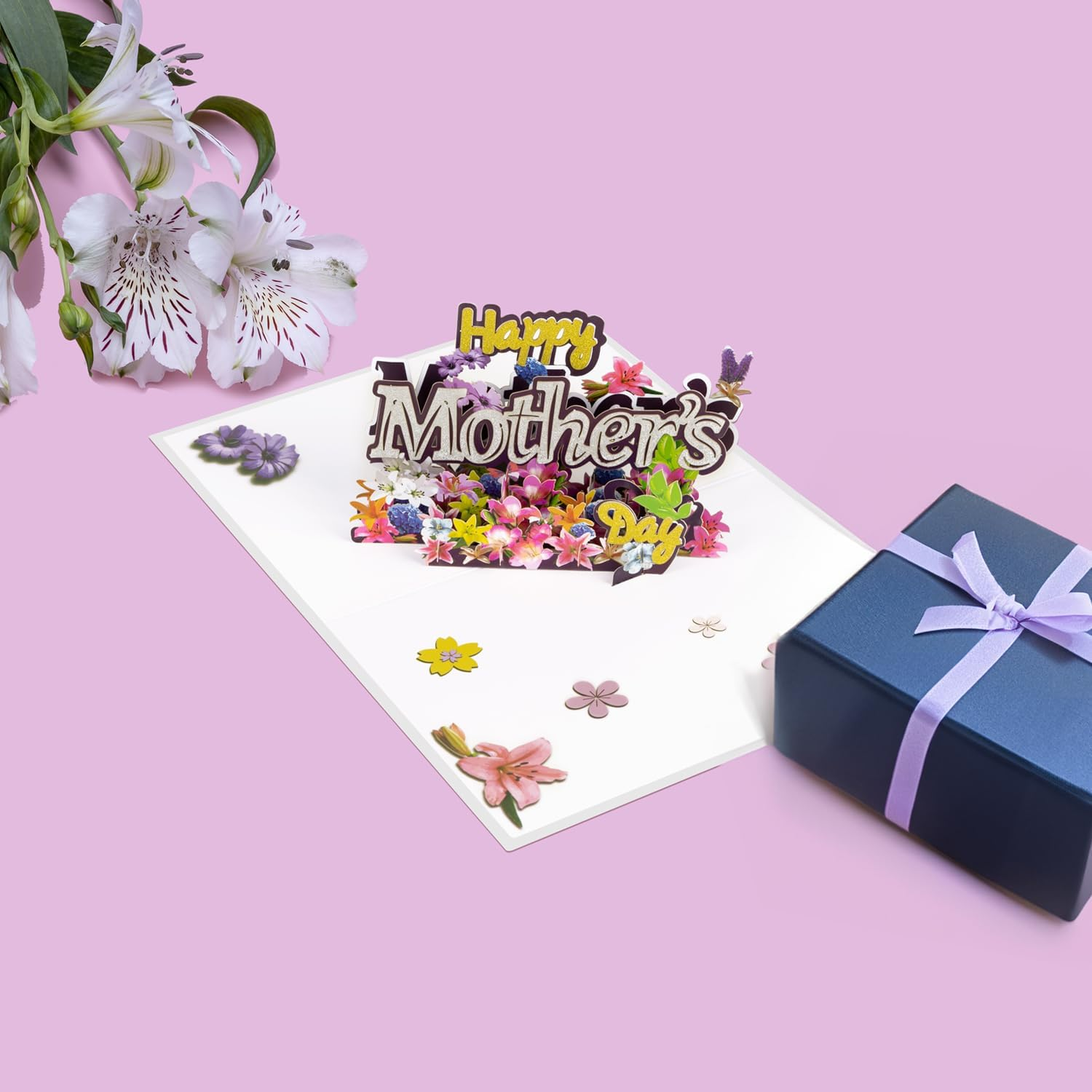 Magic Ants 3D Pop-Up Mother&rsquo;S Day Card &ndash; "Happy Mother&rsquo;S Day" with Glittery Floral Design, Yellow and Silver Script, Colorful Flowers, Lavender Sprig, Includes Envelope and Blank Notecard for Mom, Stepmother, Mother in Law, Grandma, Wife, Sister, Aunt - Flower Happy Mother'S Day image number 2
