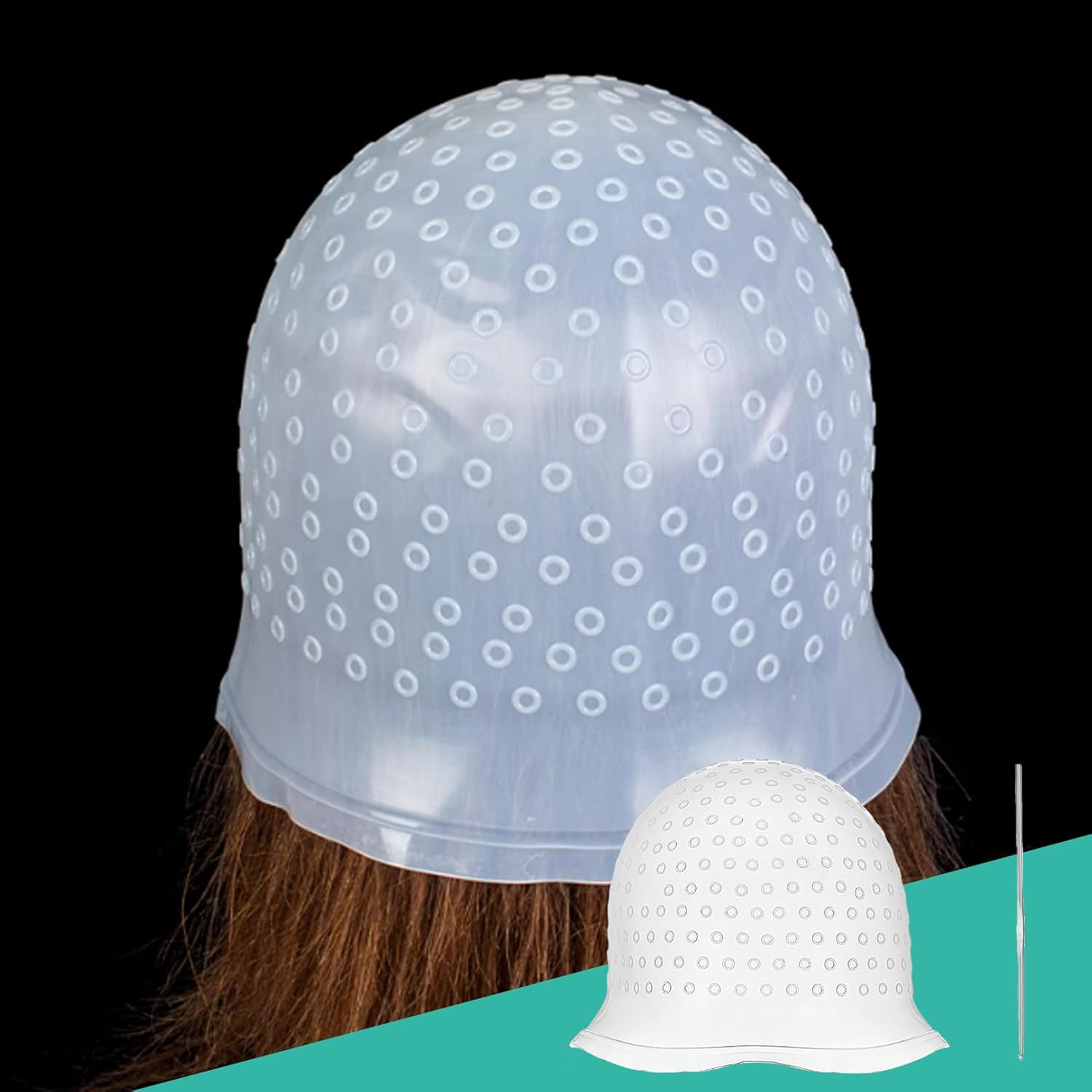 Silicone Hair Weft Cap, Hair Net Strands Hood with Holes, Reusable Hair Hairdresser Hair Colour, High Gloss Strands Set for Professional Salon and Home Hair Dyeing (White) image number 4