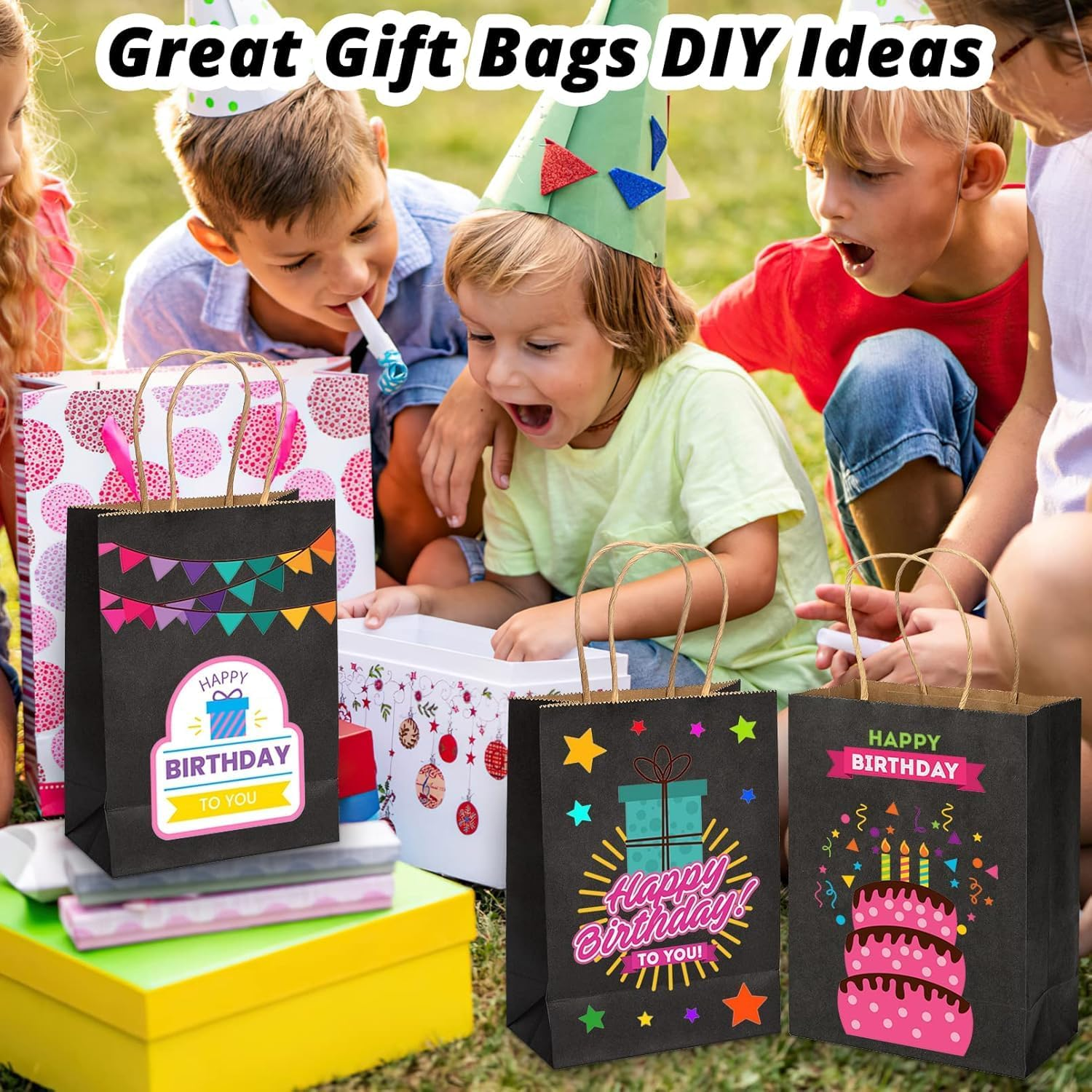 50 Pack Black Kraft Paper Bags with Handles Bulk, Gift Bags, Craft Grocery Shopping Retail Birthday Party Favors Wedding Sacks,Shopping, Business 15 X 8 X 21Cm image number 2