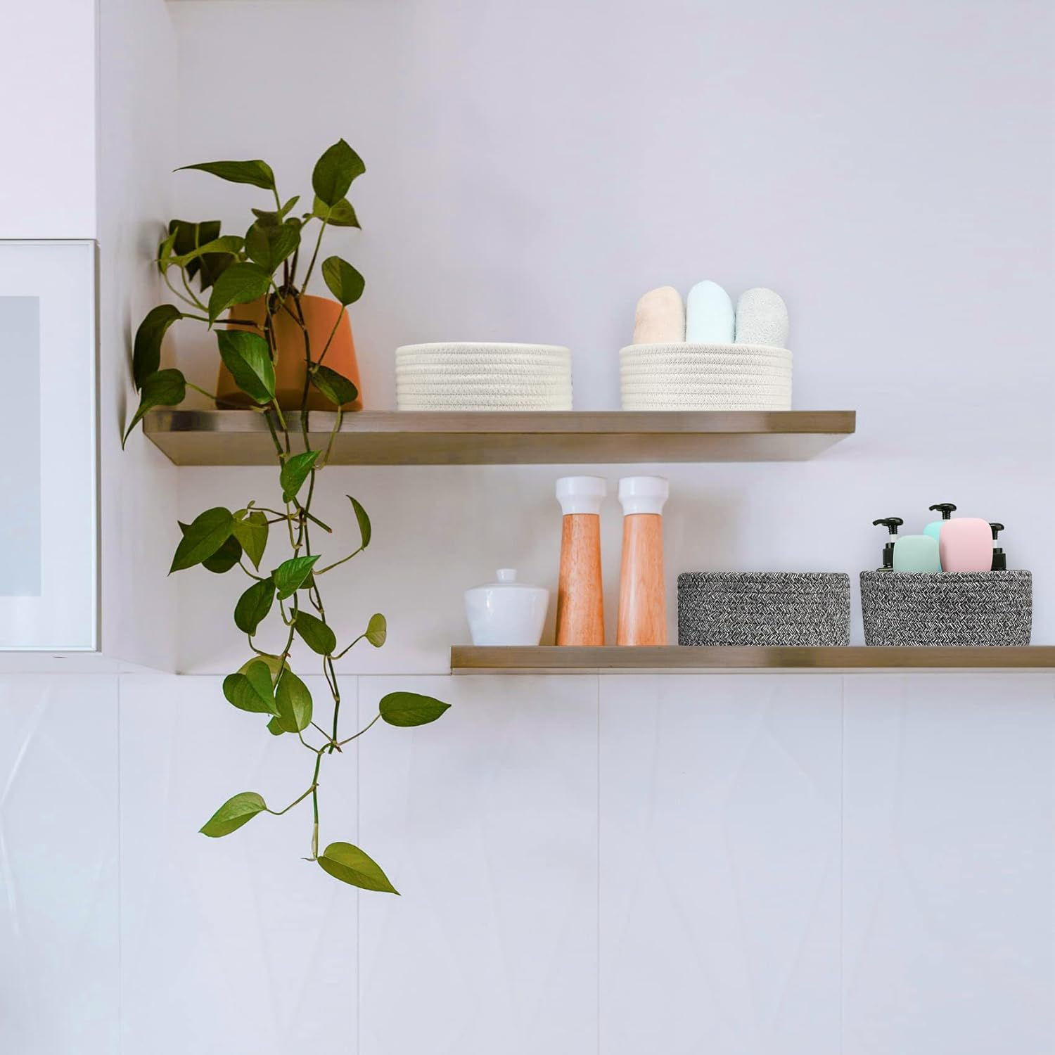 Abenkle 2 Pack Small Baskets, Cotton Rope Woven Basket, Cute Mini Tiny Storage Baskets, Decorative Boho Basket for Nursery Living Room Bedroom Montessori Shelf, Empty Gift Basket - White - Blue image number 7