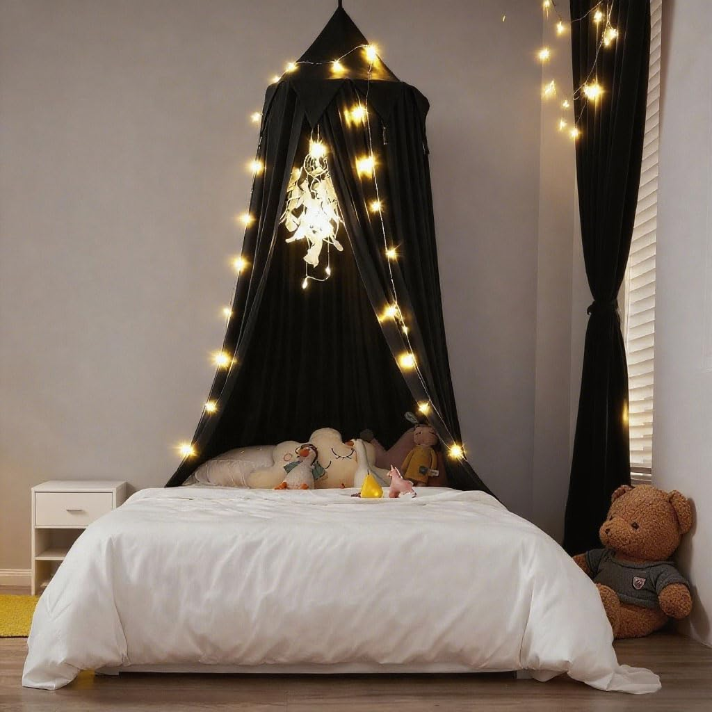 Akiky Bed Canopy for Kids Boys Baby Bed with Lights,Dream Catcher,Hanging Canopy for Indoor Outdoor Castle Canopy for Reading Nook House Decoration (Black) image number 5