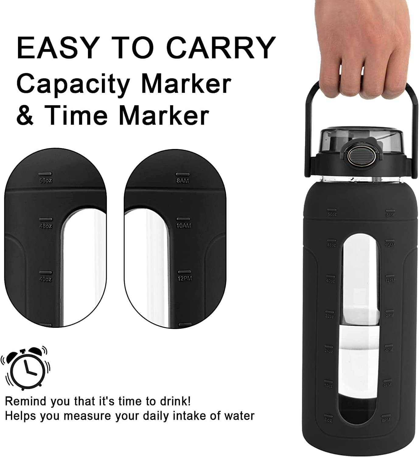 Tronco 64 Oz Glass Water Bottles with Straw and Handle Lid,Half Gallon Water Bottle with Silicone Sleeve&Time Marker,Large Reusable Motivational Glass Water Jug Leakproof for Gym/Workout/Travel image number 1