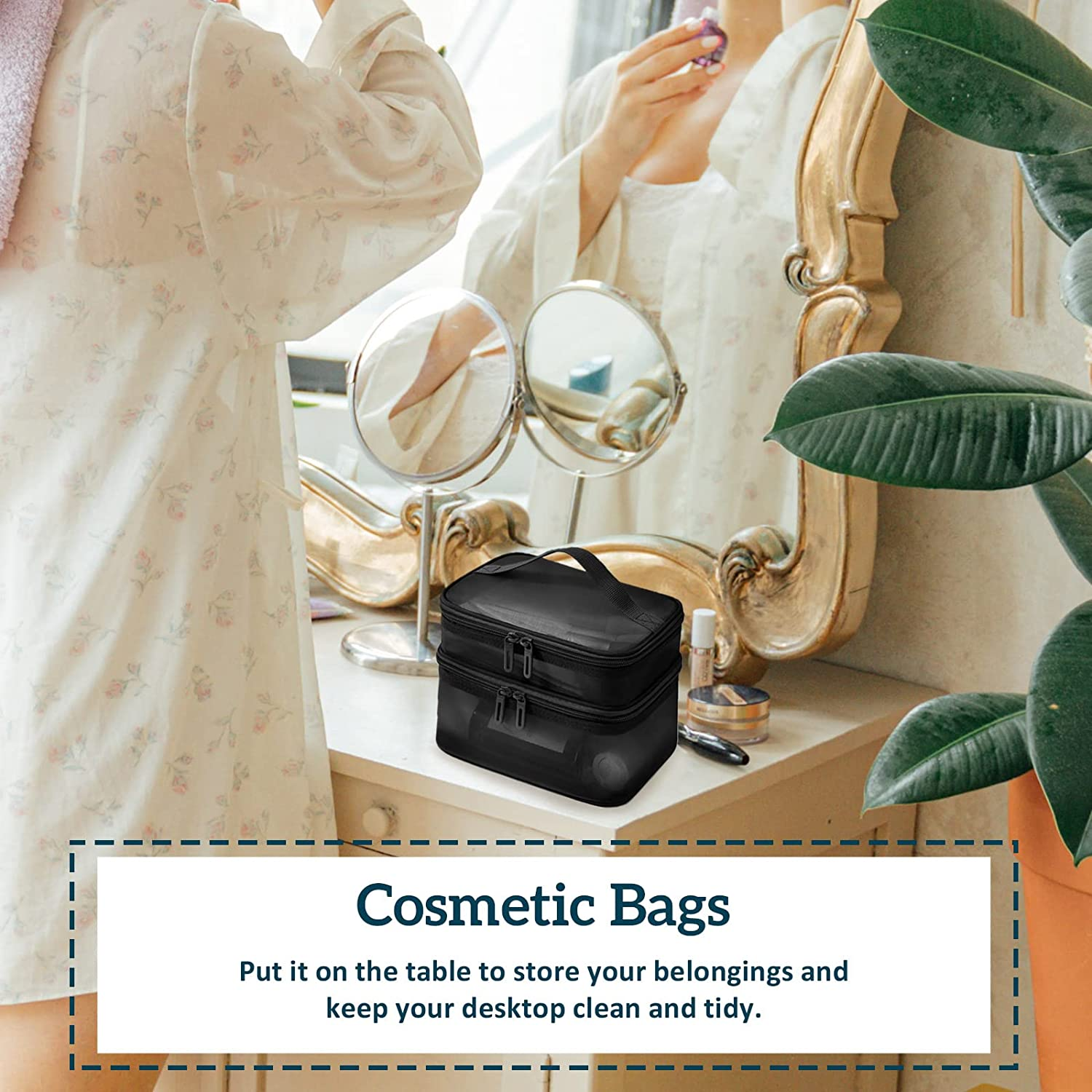 Double Layer Makeup Bag, Large Mesh Travel Cosmetic Pouch with Double Zipper, Vertical Make up Bag, Multifunctional Toiletry Bag for Makeup Brushes (Black) image number 3