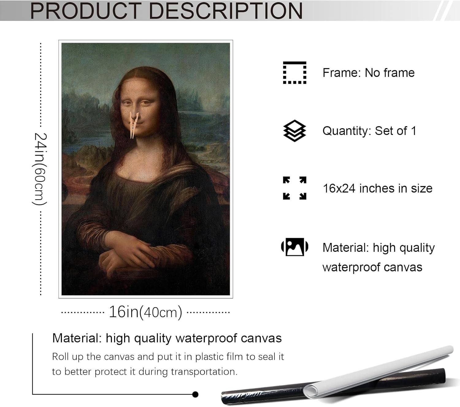 XMJJQQ Classical Mona Lisa Painting Bathroom Canvas Wall Art, Vintage Funny Bathroom Poster, Humor Amusing Toilet Art Prints, Bath Girl Pinching Nose Funny Wall Decor 16X24In Unframed image number 3