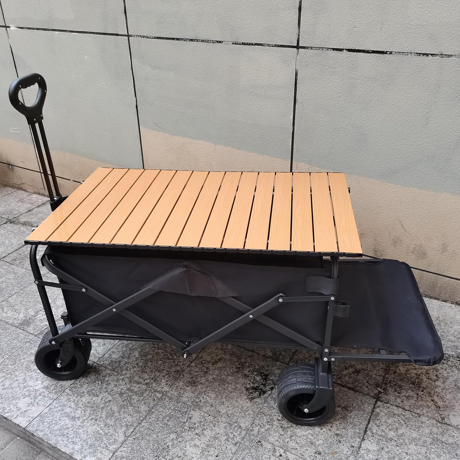 Collapsible Folding Wagon with Board Desktop, 10CM Wide Big Wheels with Brakes, Portable Large Wagon Cart, Bearing Capacity 175Kg Beach Wagon, Outdoor Stroller Wagon - Black image number 3