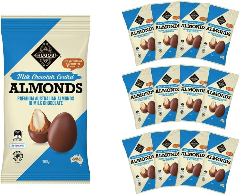 Hugos Chocolates Milk Chocolate Coated Almonds 190G Pack of 12, Healthy Snack, Atkins-Friendly, Dry Roasted Almond Coated with 30% Chocolate image number 1