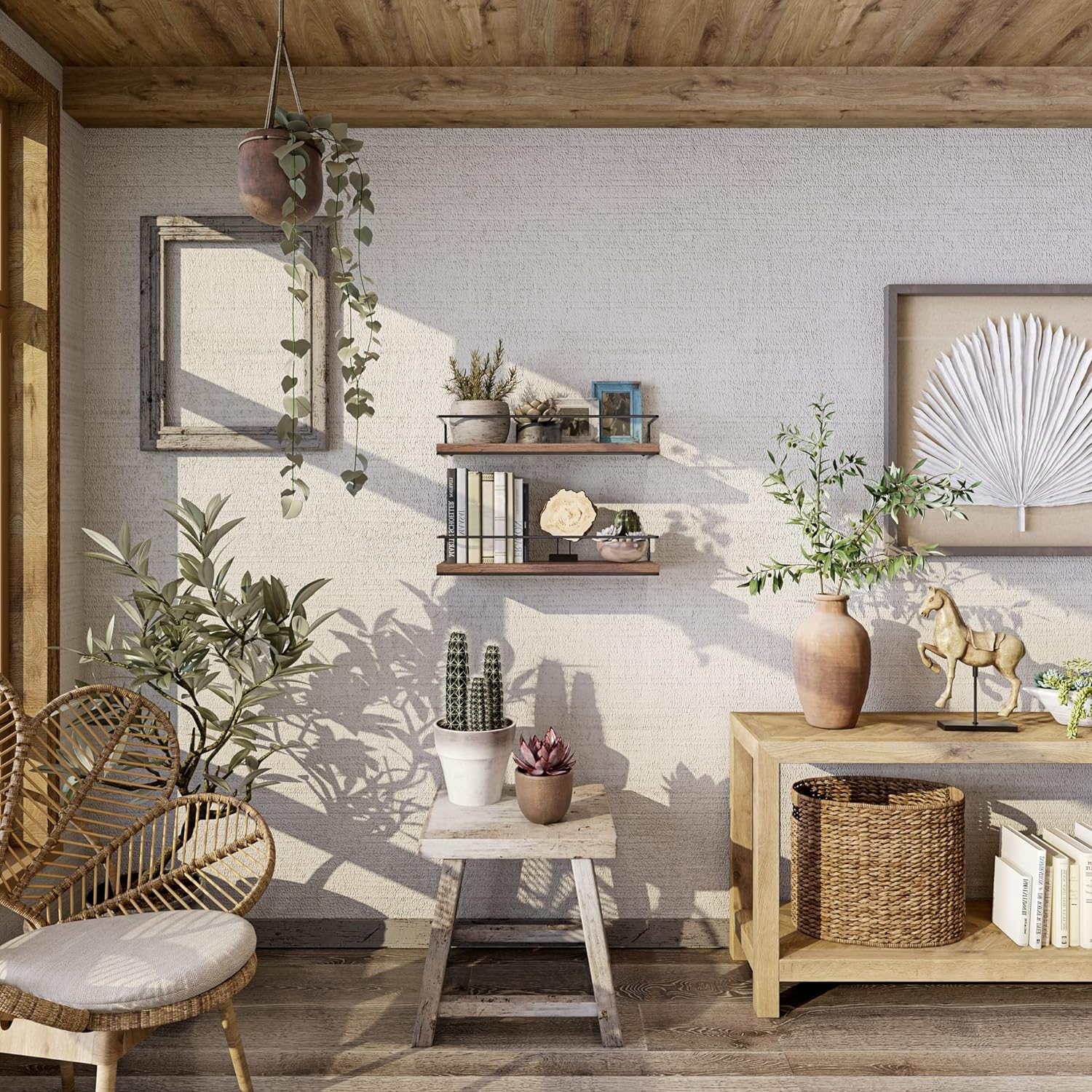 Shario Rustic Wood Floating Shelves - Set of 2, Wall Mounted Hanging Shelves with Black Towel Rack, Decorative Storage Shelves for Bathroom, Kitchen, Living Room & Bedroom (Dark Carbonized Brown) - White image number 3