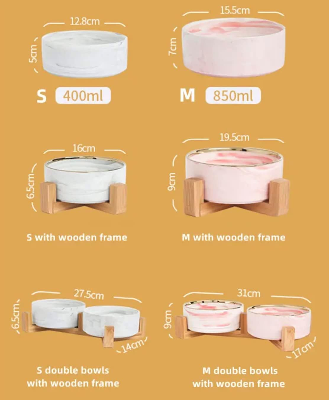 Pet Bowls No Spill Marble, Elevated Ceramic Pet Food, Wooden Bamboo Stand, Cats, Rabbits, & Small Dogs, Durable & Easy to Clean. Single or Double. Special Treat for Your Pet (White Double) image number 1