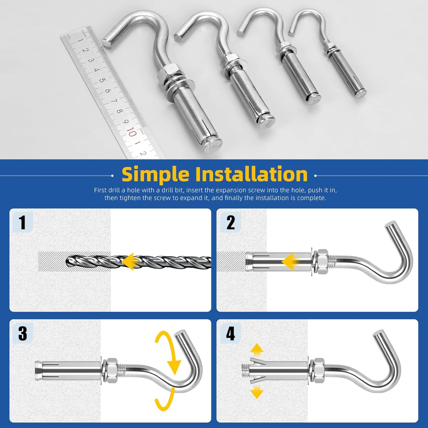 Glarks 6Pcs M10 Expansion Hook Set, 304 Stainless Steel Open Cup Hook Screw, Heavy Duty Concrete Hook, Expansion Screw in Hooks, Concrete Wall Hook for Concrete Brick Stone Ceiling Hanging image number 2