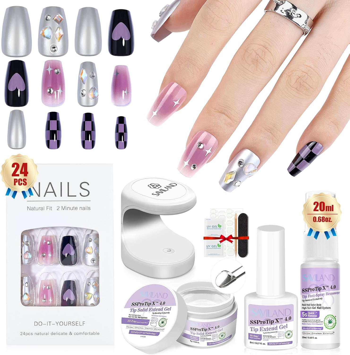 SAVILAND Naughty Heart Press-Ons Starter Kit: Long-Wear Thick 100% Acrylic Nail Tips Press on Nails Gels Nails GEL Glue Soft Gel Tips Fake Tips False Nails U V Nail Lamp Star Gift Set image number 1
