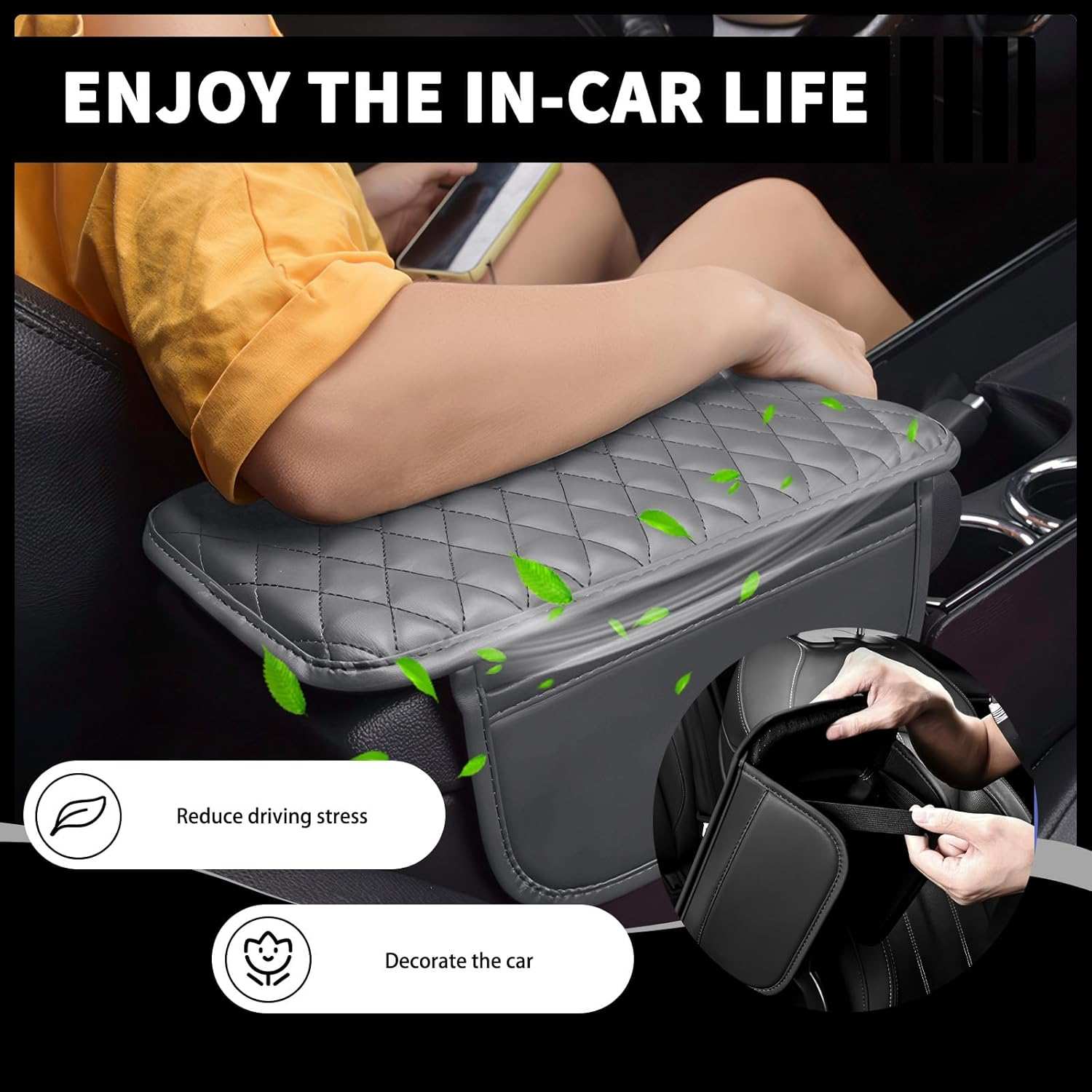 Car Center Console Cover with 2 Storage Bags, Leather Arm Rest Cover for Car Accessories Interior, Auto Universal Middle Console Cover Cushion Protector for Most Vehicle (Grey) image number 1